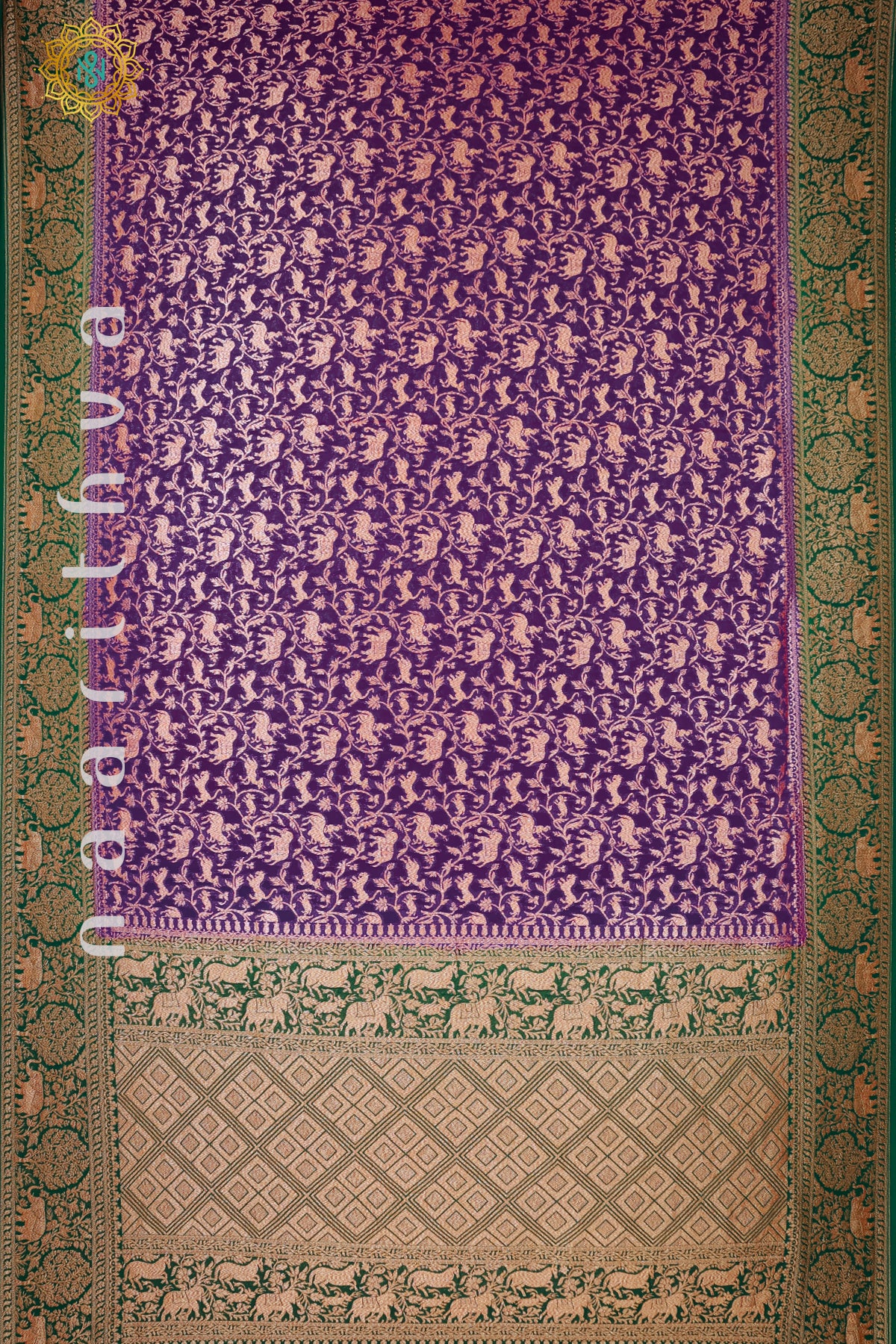 PURPLE WITH GREEN - PURE HANDLOOM KHADDI GEORGETTE BANARAS