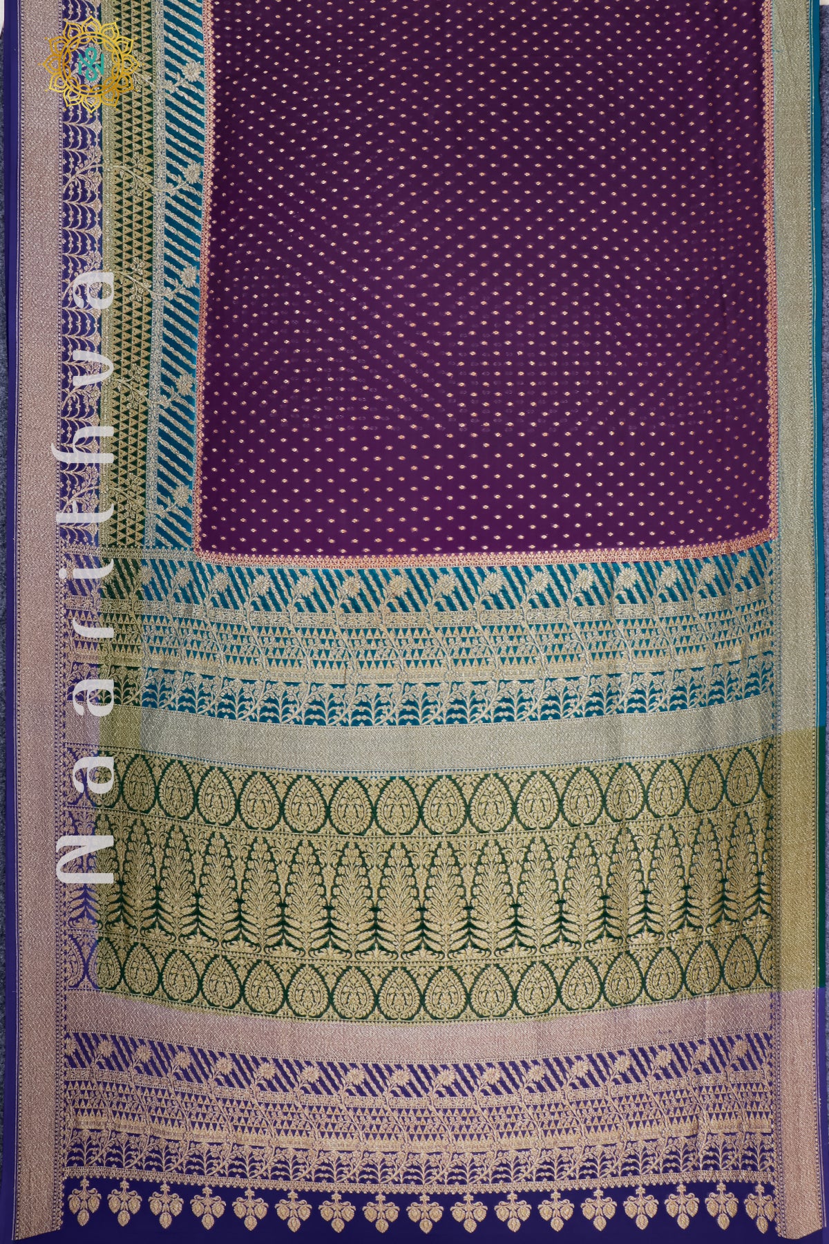 PURPLE WITH SKY BLUE, GREEN & BLUE - PURE HANDLOOM KHADDI GEORGETTE BANARAS