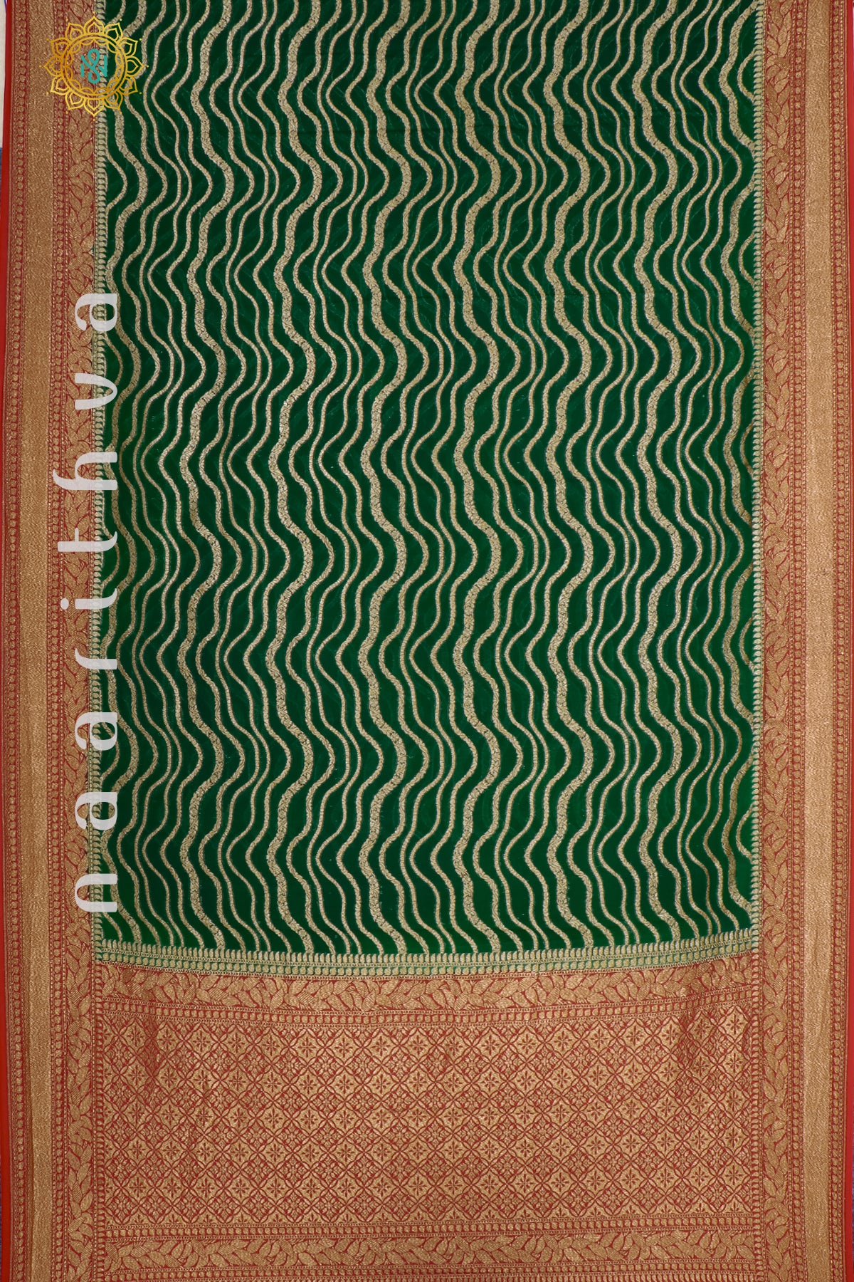 GREEN WITH RED - PURE HANDLOOM KHADDI GEORGETTE BANARAS