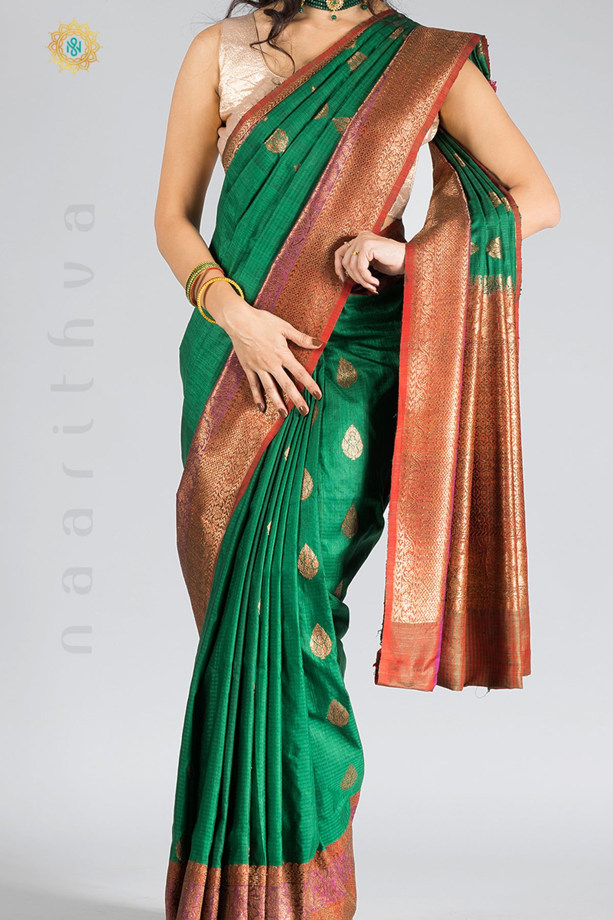 GREEN - PURE MATKA DUPION SILK WITH ZARI WOVEN BUTTA & CONTRAST BLOUSE