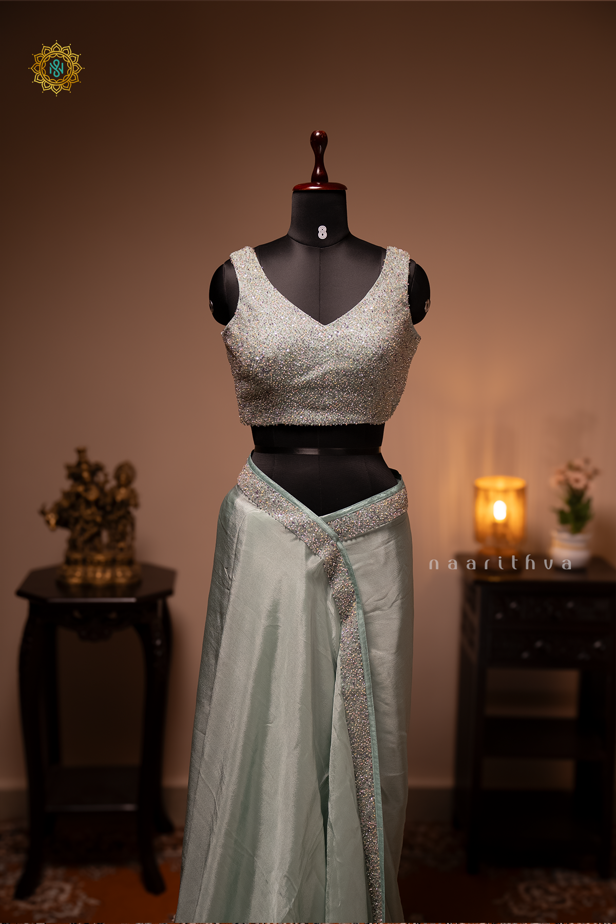 Light Blue Chinnon Designer Wear Saree with Readymade Blouse