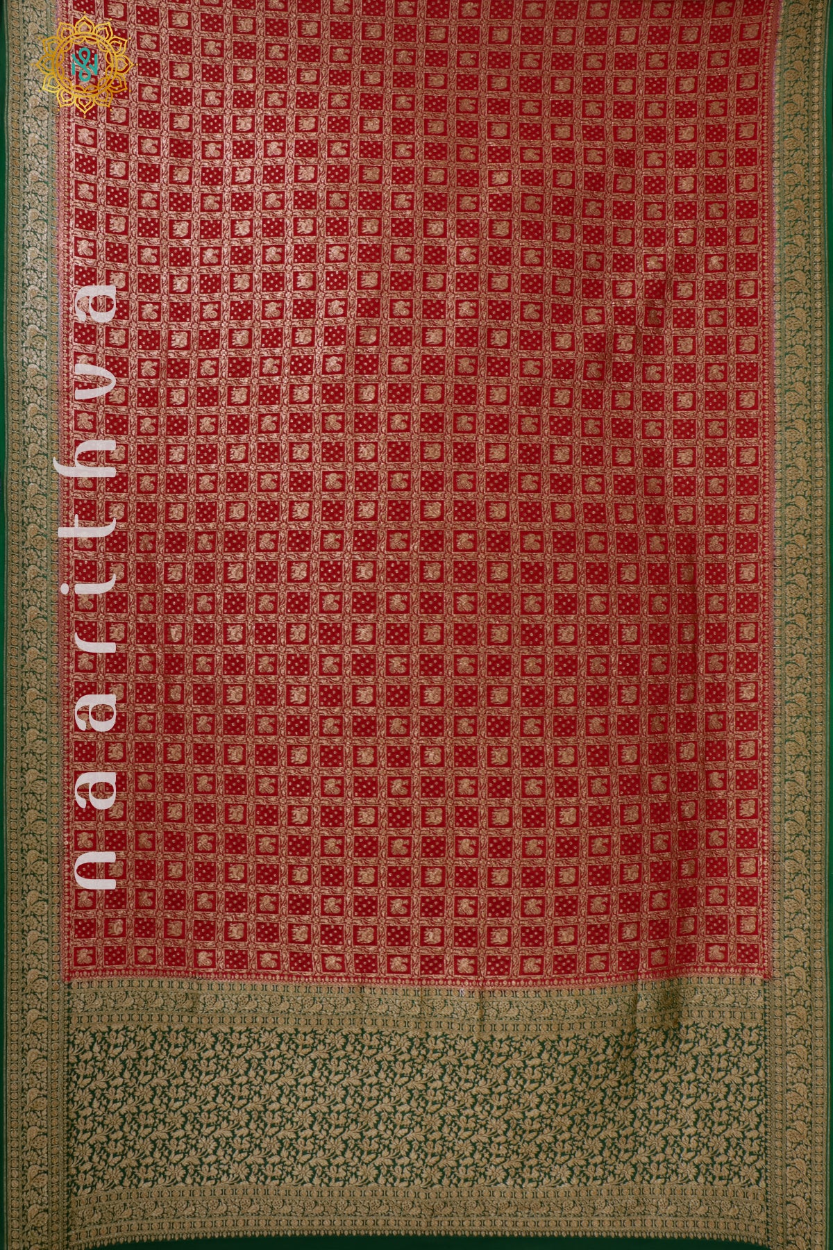 RED WITH GREEN - PURE HANDLOOM KHADDI GEORGETTE BANARAS