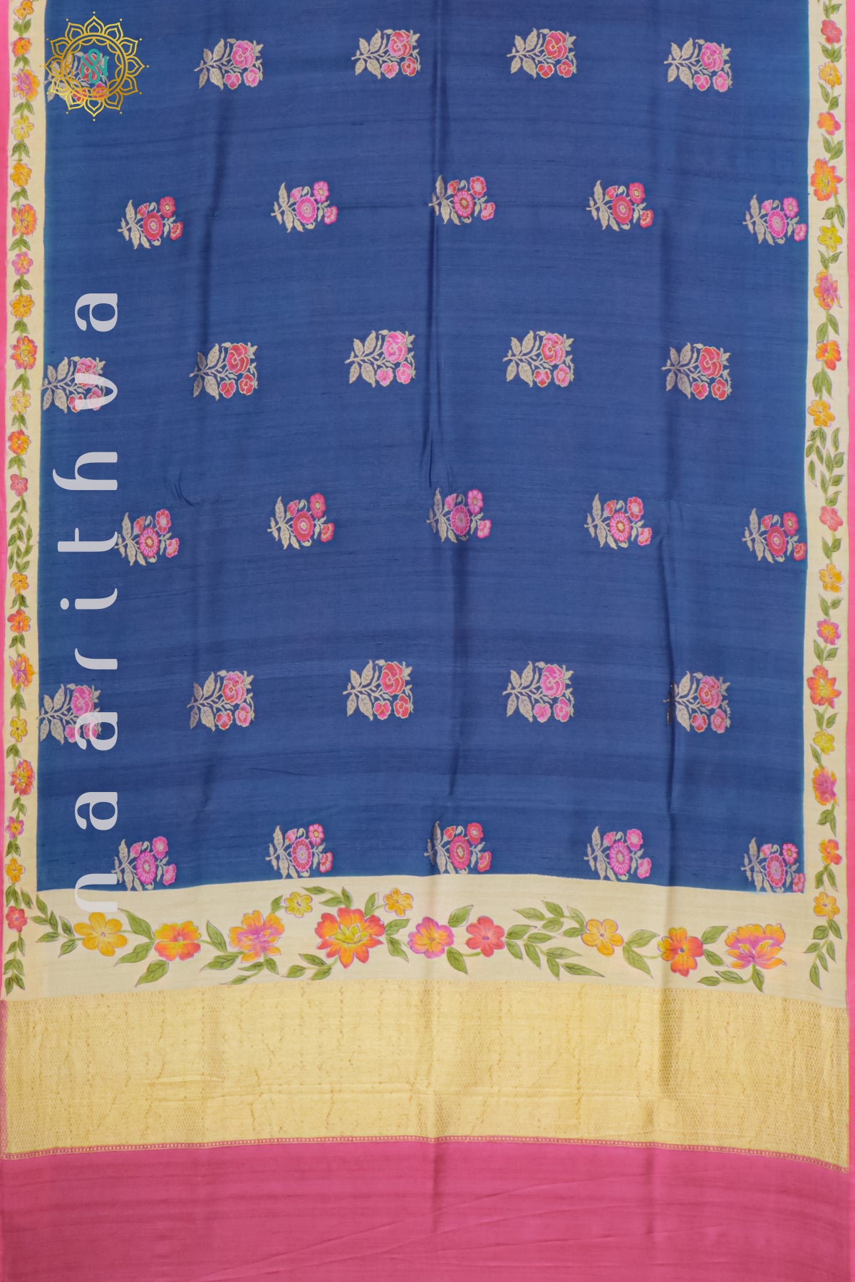 BLUE WITH BEIGE & PINK - PURE HAND PAINTED TUSSAR GEORGETTE