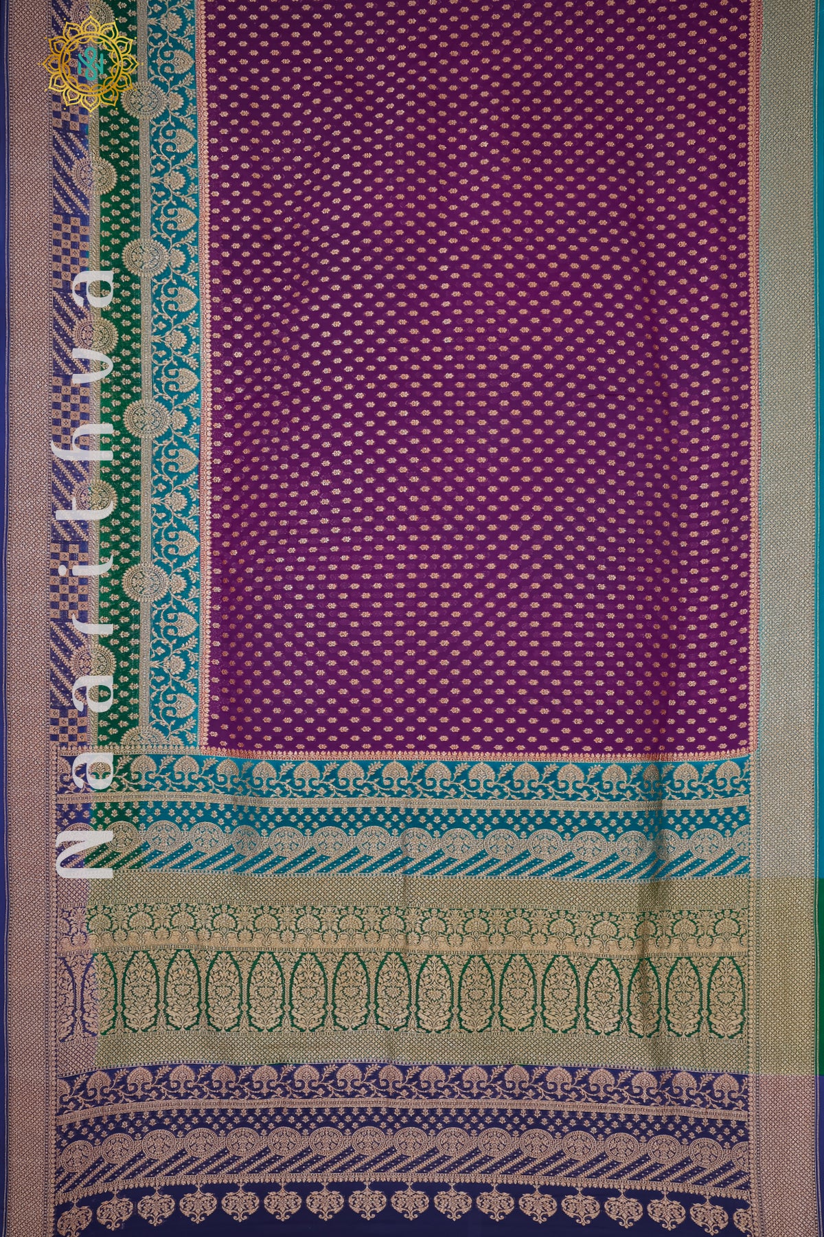 WINE WITH CYAN BLUE & GREEN, BLUE - PURE HANDLOOM KHADDI GEORGETTE BANARAS