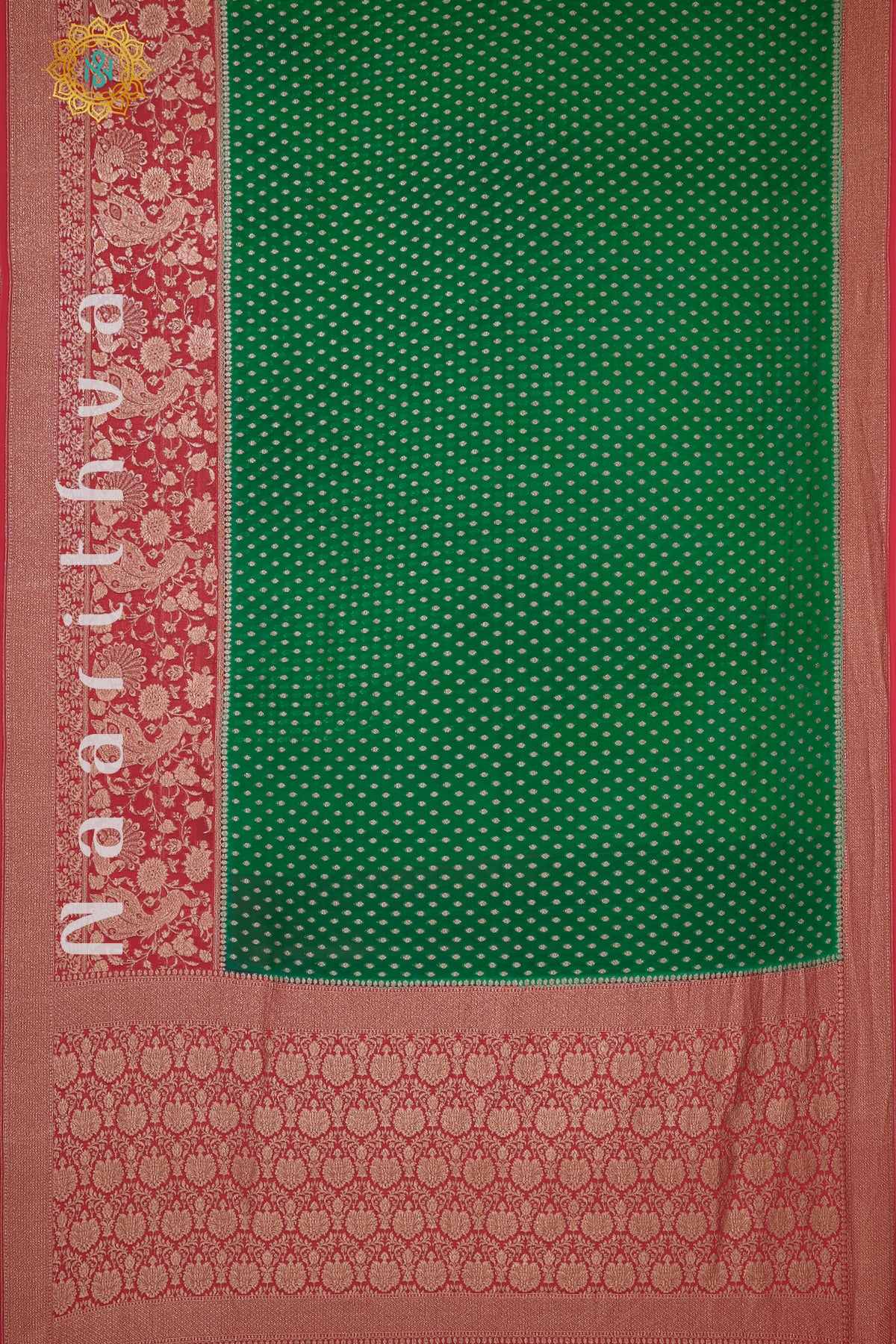 GREEN WITH RED - PURE HANDLOOM KHADDI GEORGETTE BANARAS