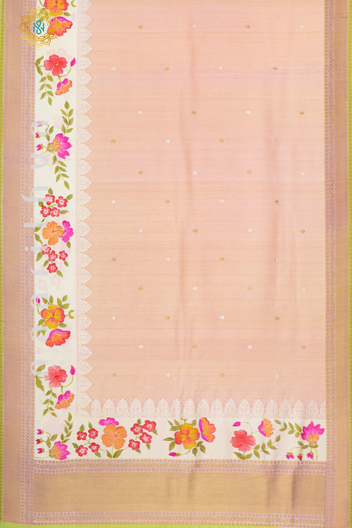 PEACH WITH LIGHT GREEN - PURE HAND PAINTED TUSSAR GEORGETTE