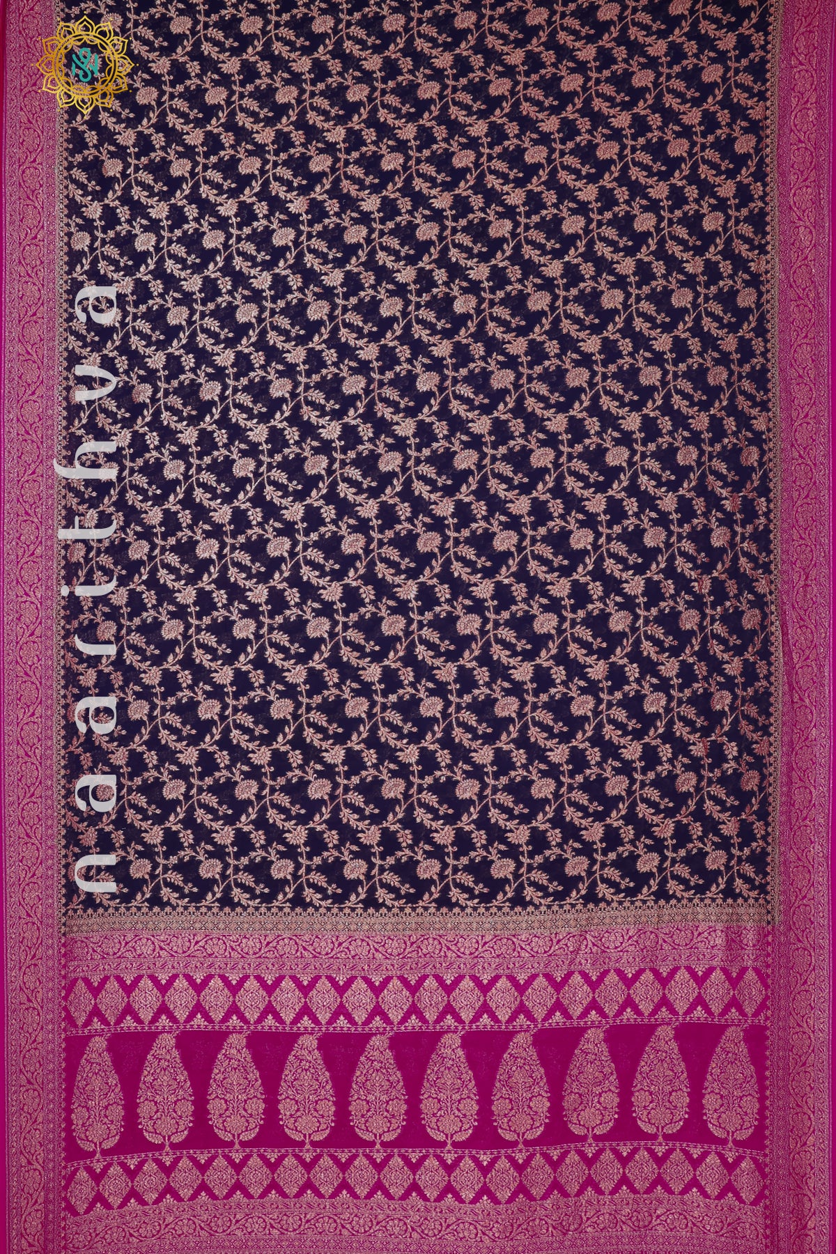 NAVY BLUE WITH PINK - PURE HANDLOOM KHADDI GEORGETTE BANARAS