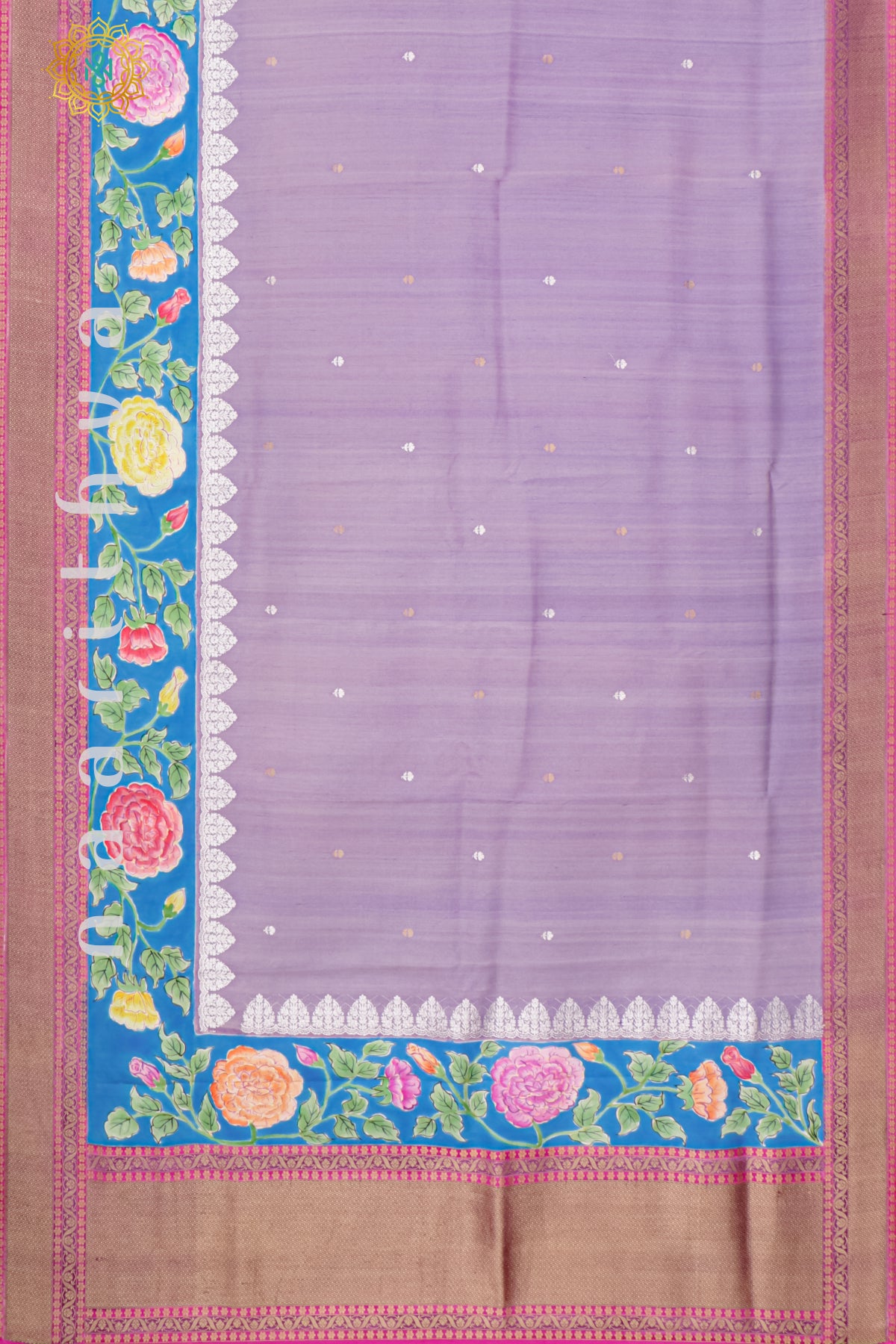 LAVENDER WITH RANI PINK - PURE HAND PAINTED TUSSAR GEORGETTE