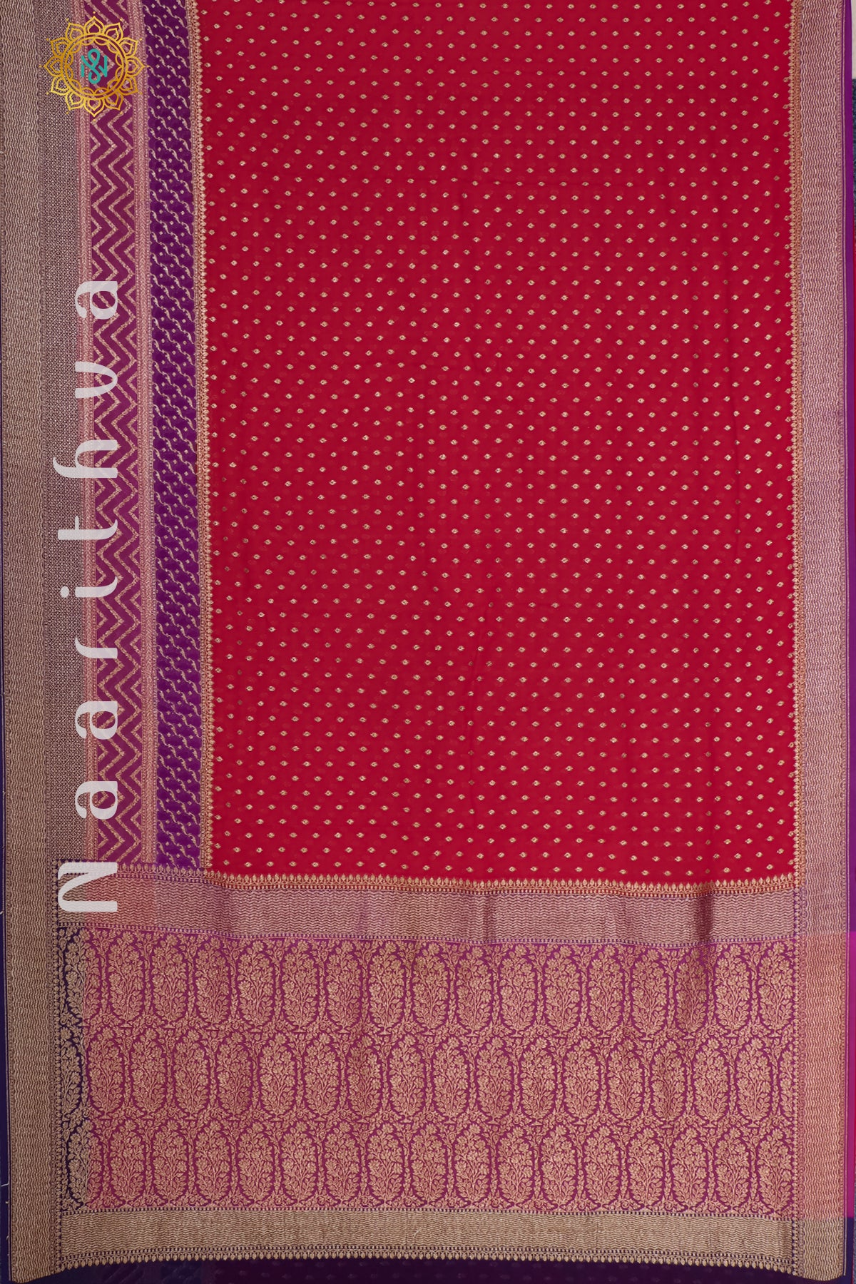 RED WITH PURPLE, PINK & NAVY BLUE - PURE HANDLOOM KHADDI GEORGETTE