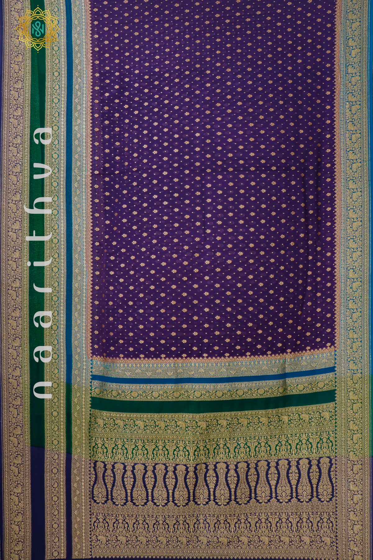 PURPLE WITH BLUE & GREEN, NAVY BLUE - PURE HANDLOOM KHADDI GEORGETTE BANARAS