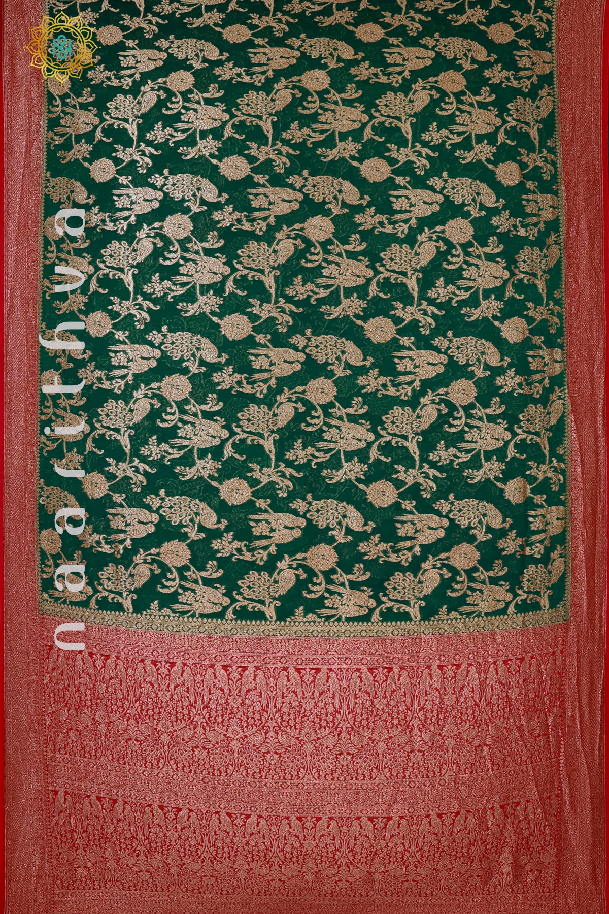 GREEN WITH RED - PURE HANDLOOM KHADDI GEORGETTE BANARAS