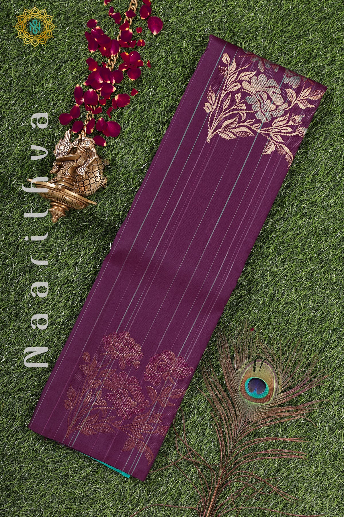 DEEP WINE WITH CYAN GREEN - PURE KANJIVARAM SILK WITH PURE ZARI