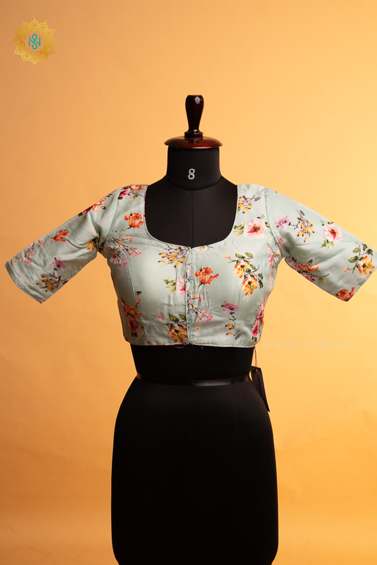 Light Blue Dola Silk Readymade Blouse With Floral Prints