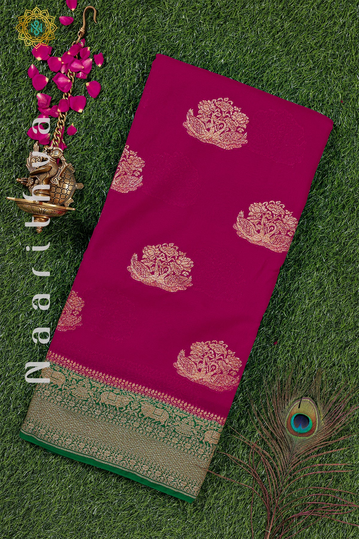 PINK WITH GREEN - PURE HANDLOOM KHADDI GEORGETTE BANARAS