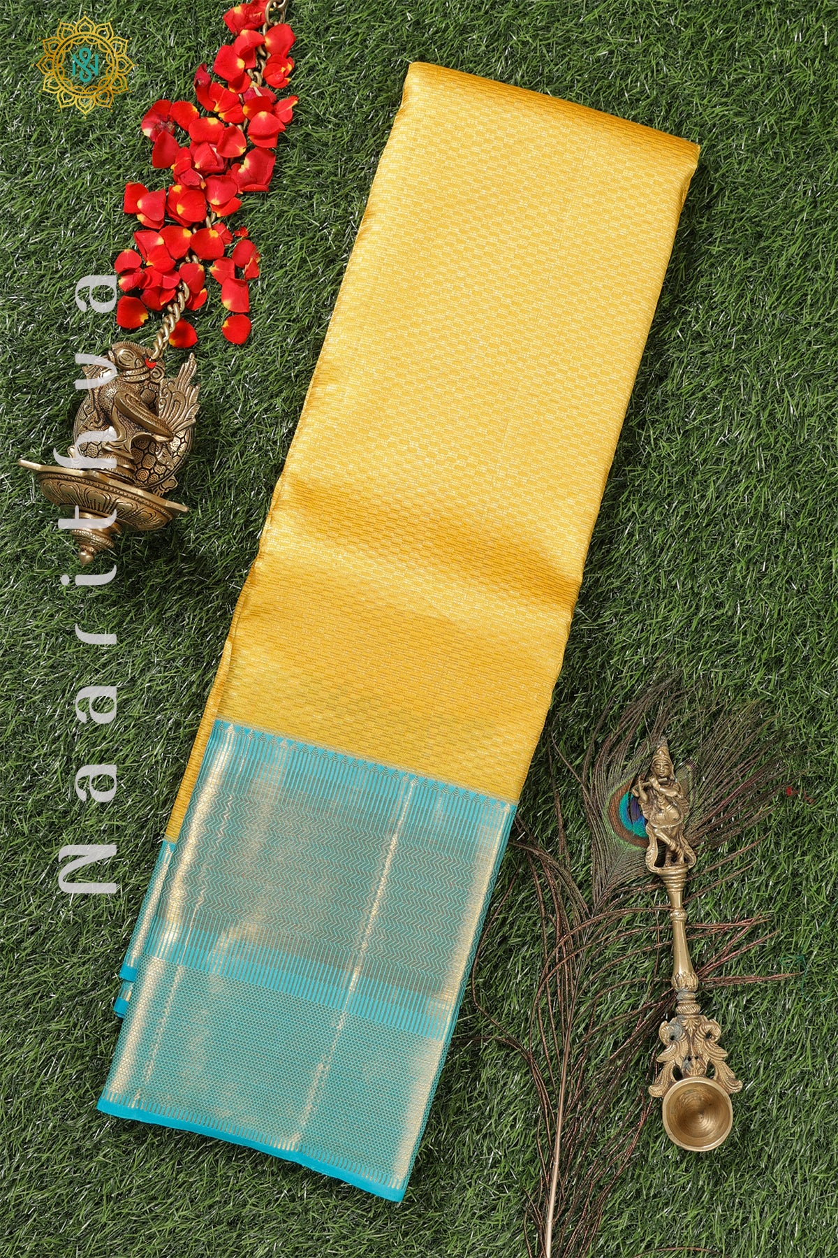 GOLDEN YELLOW WITH SKY BLUE - PURE KANJIVARAM SILK