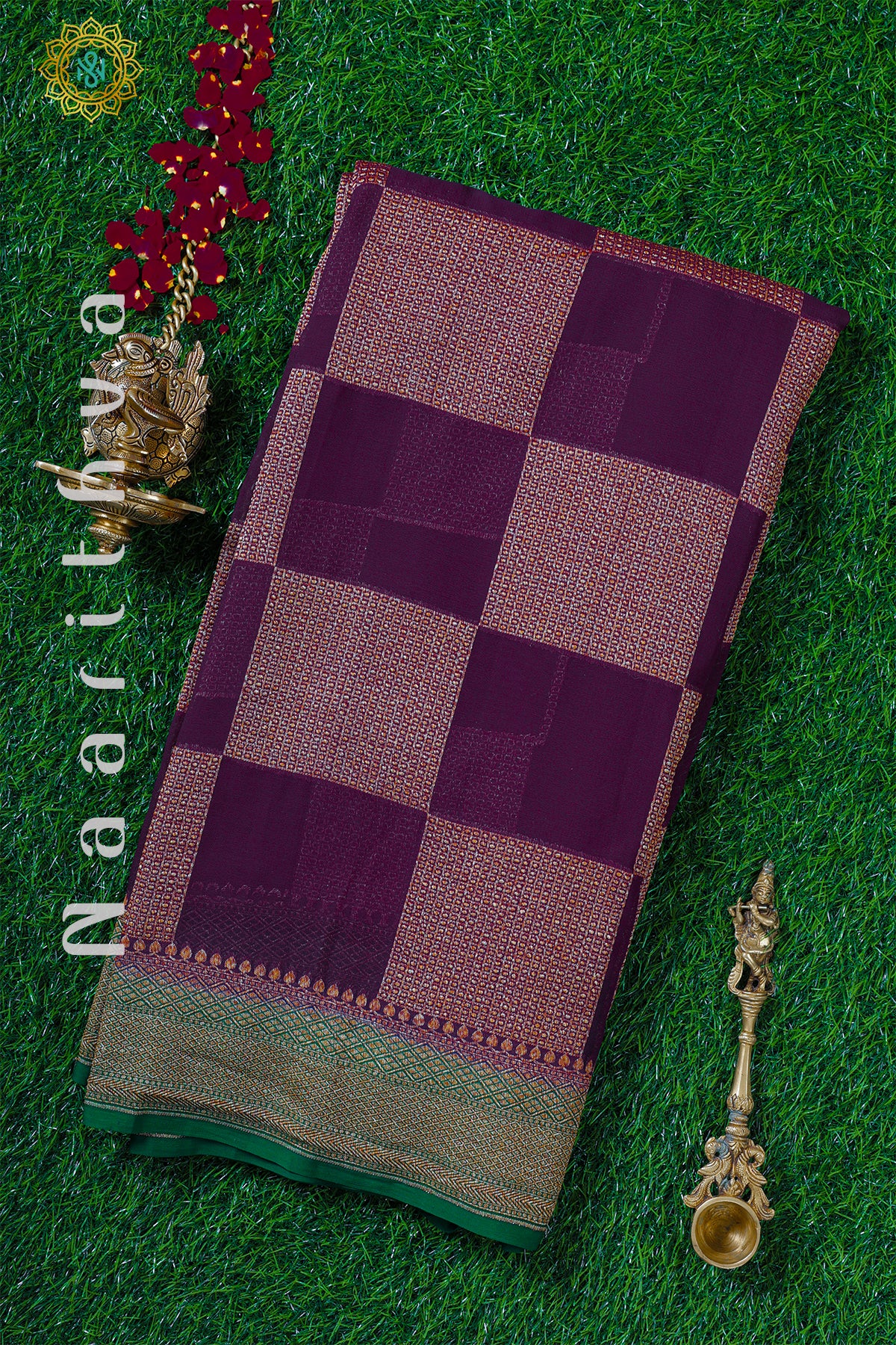 PURPLE WITH GREEN - PURE HANDLOOM KHADDI GEORGETTE BANARAS