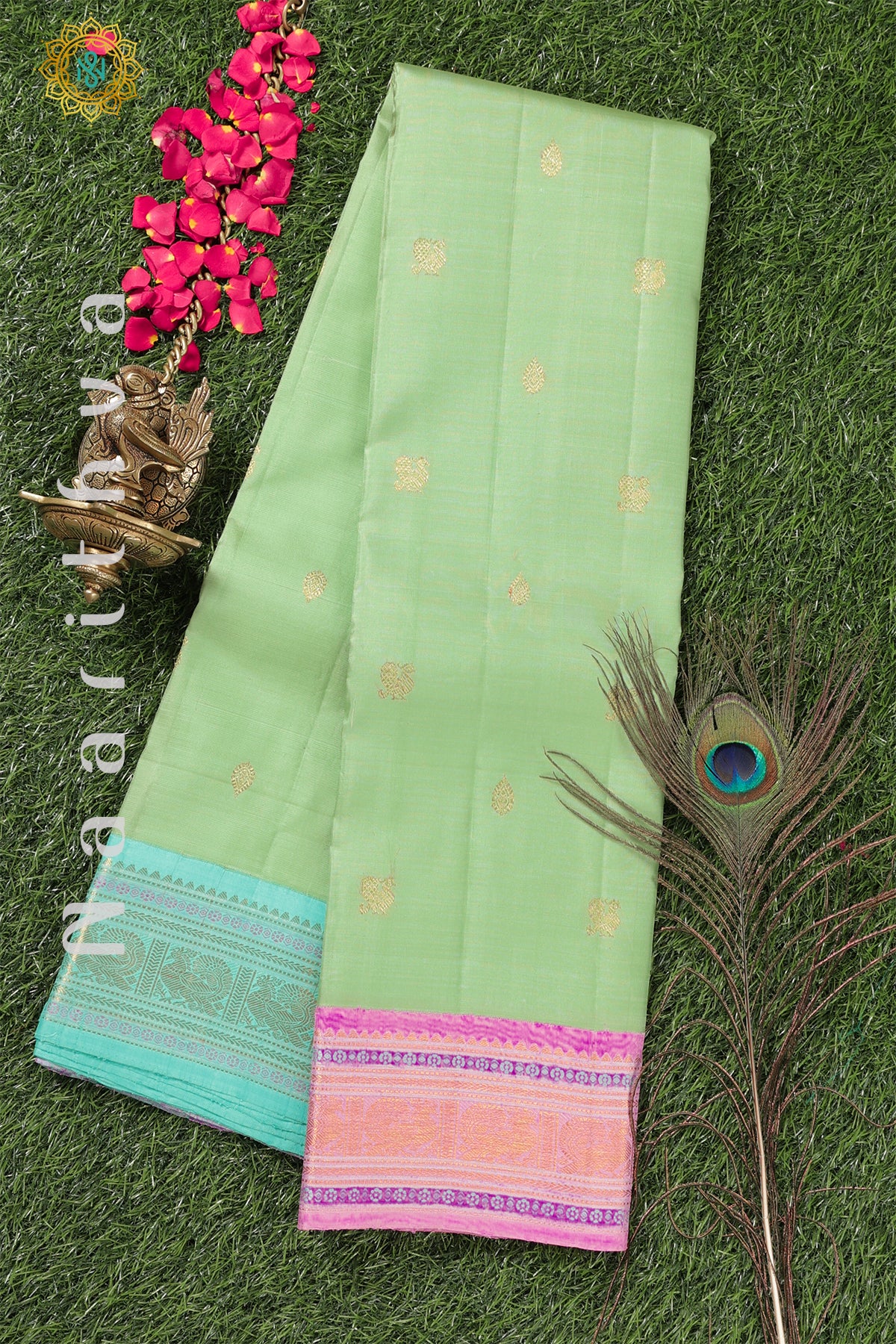 PISTA GREEN WITH PINK & BLUE - PURE KANJIVARAM SILK