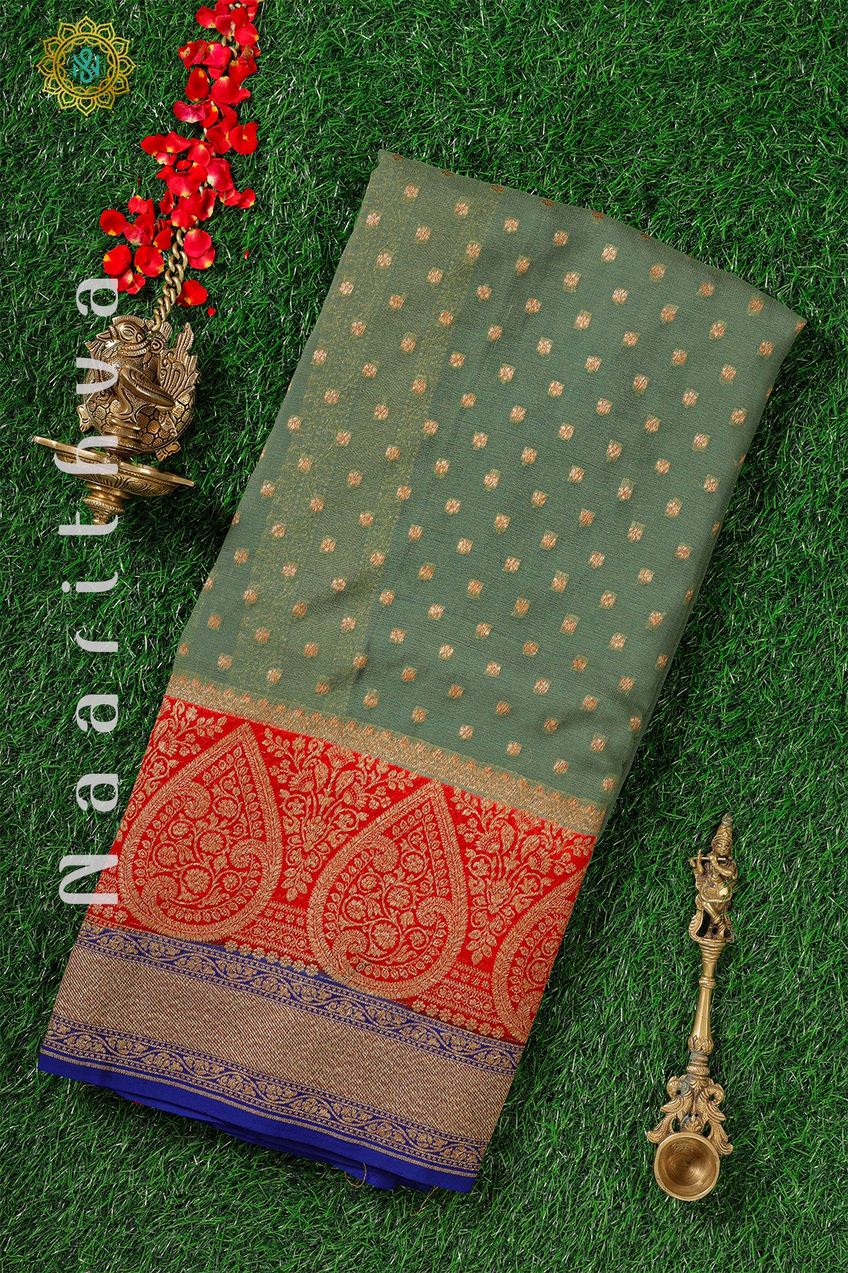 PALE GREEN WITH RED & BLUE - PURE HANDLOOM KHADDI GEORGETTE BANARAS