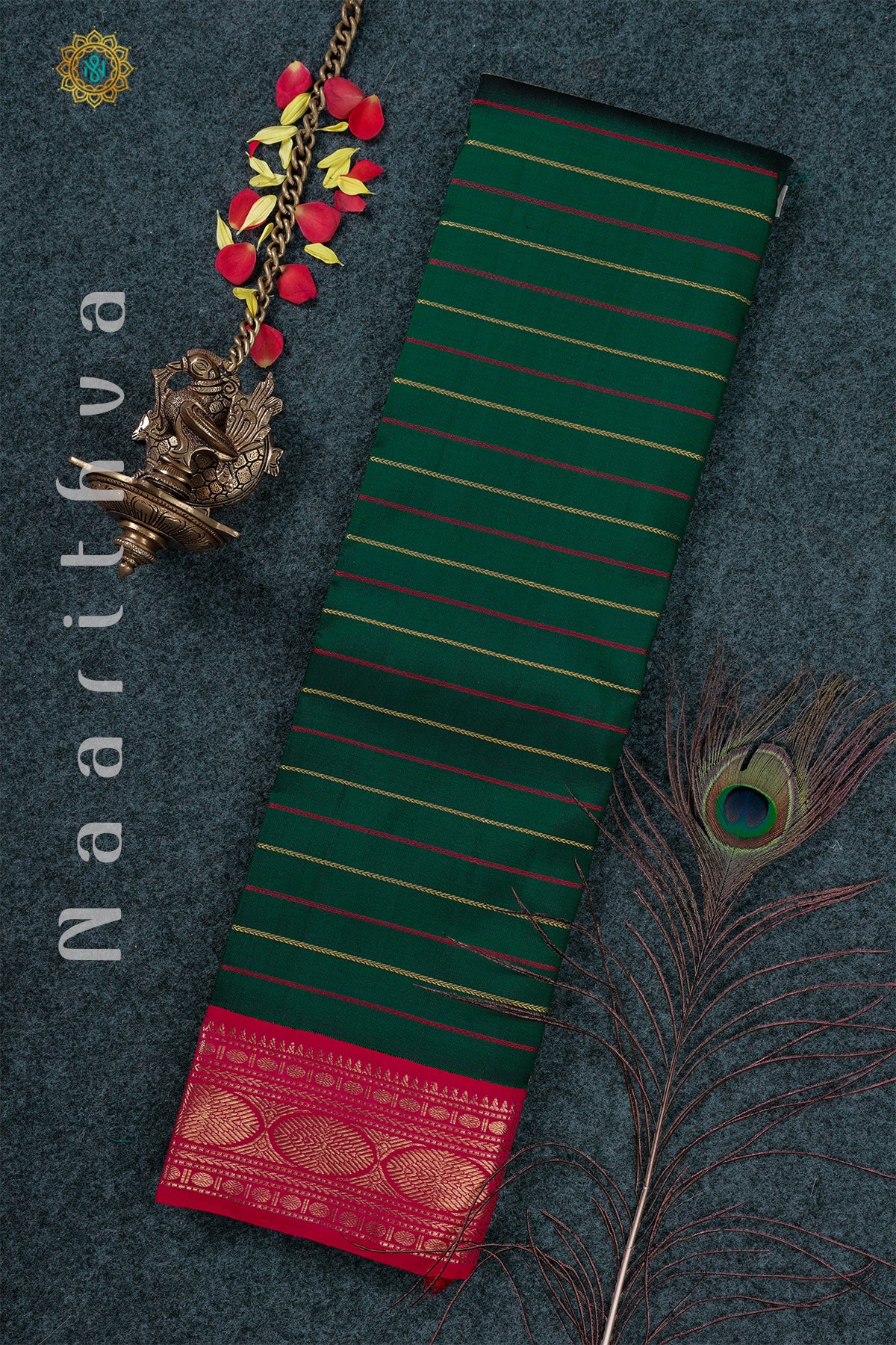 BOTTLE GREEN WITH PINK & YELLOW - PURE KANJIVARAM SILK