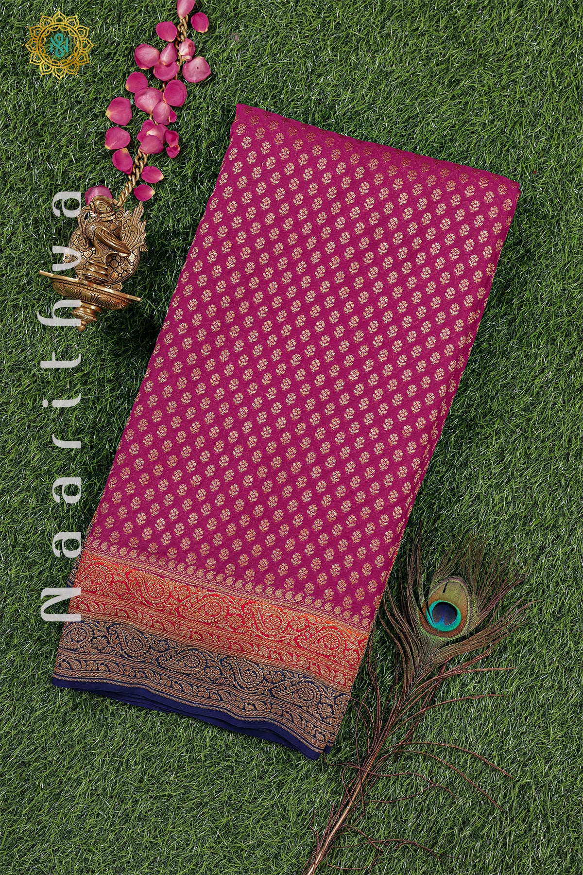 PINK WITH ORANGE & BLUE - PURE HANDLOOM KHADDI GEORGETTE BANARAS