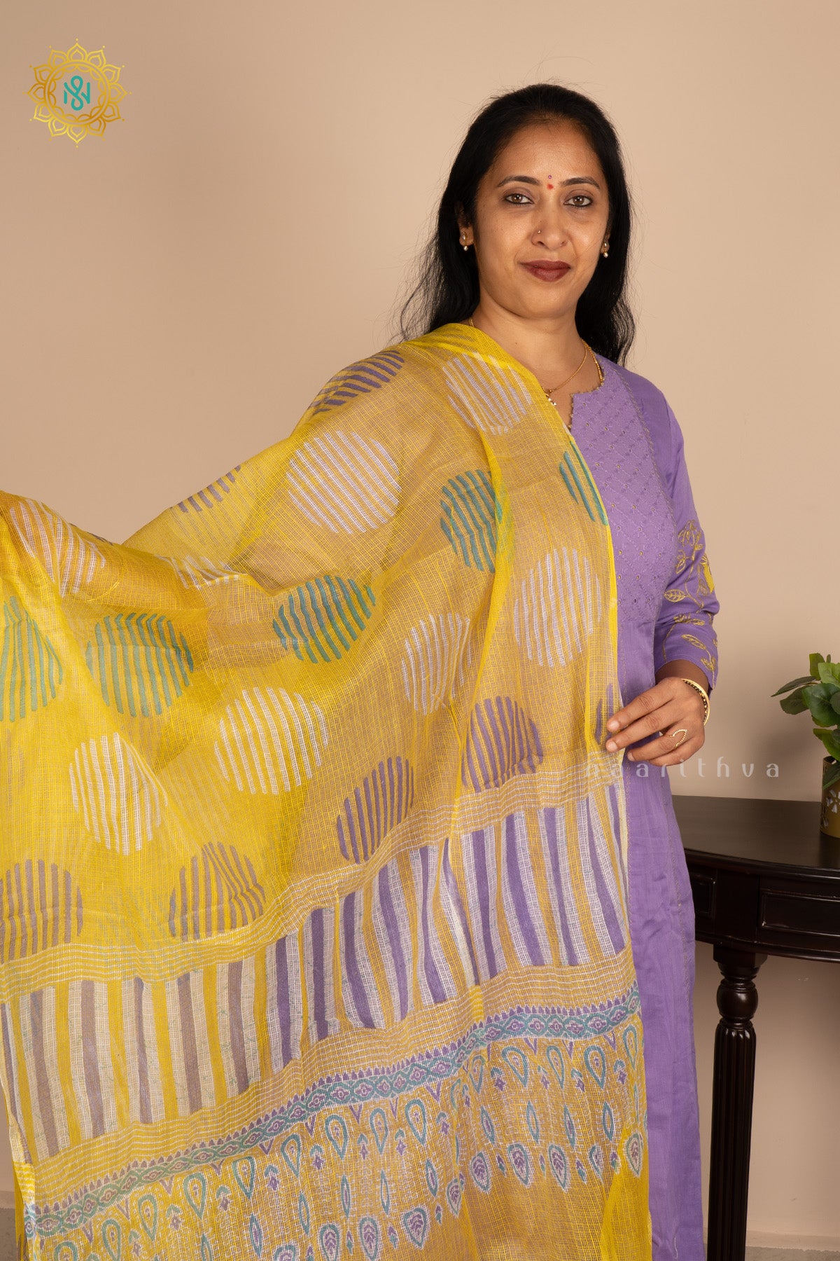 Lavender with Yellow Mul Chanderi 3Pc Salwar Suit With Kota Cotton Dupatta