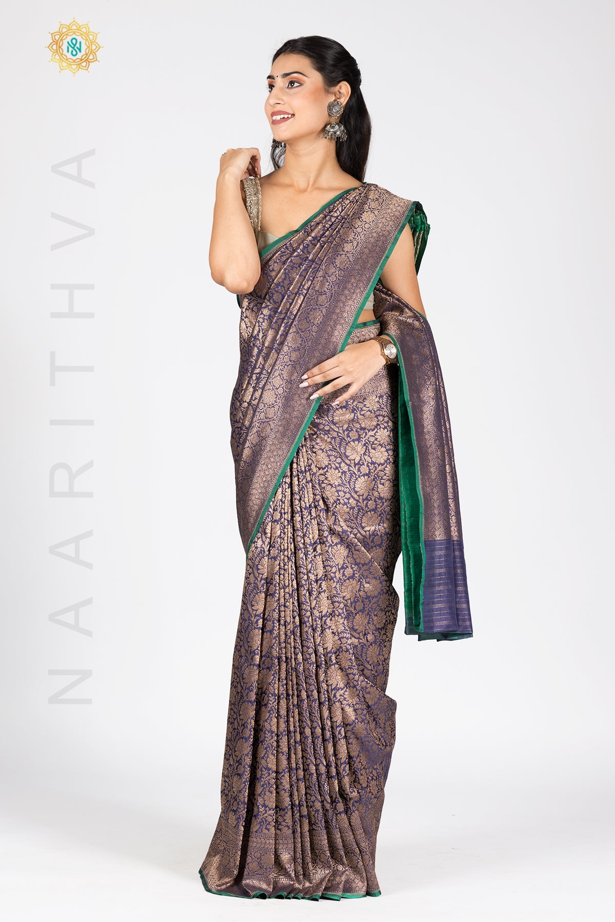 BLUE WITH GREEN - PURE HANDLOOM KATAN SILK WITH ANTIQUE ZARI WEAVES & CONTRAST BLOUSE
