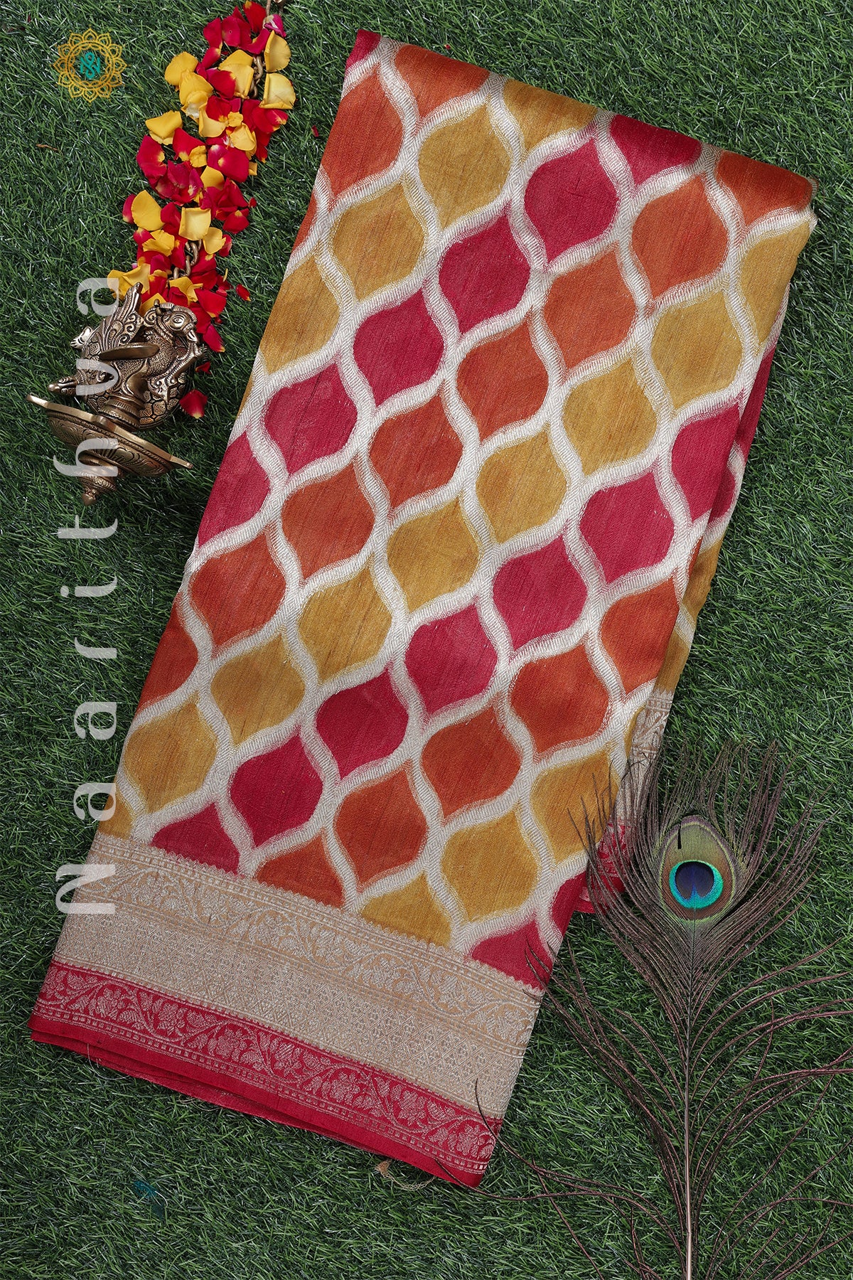 YELLOW WITH PINK & ORANGE - PURE HANDLOOM TUSSAR SILK