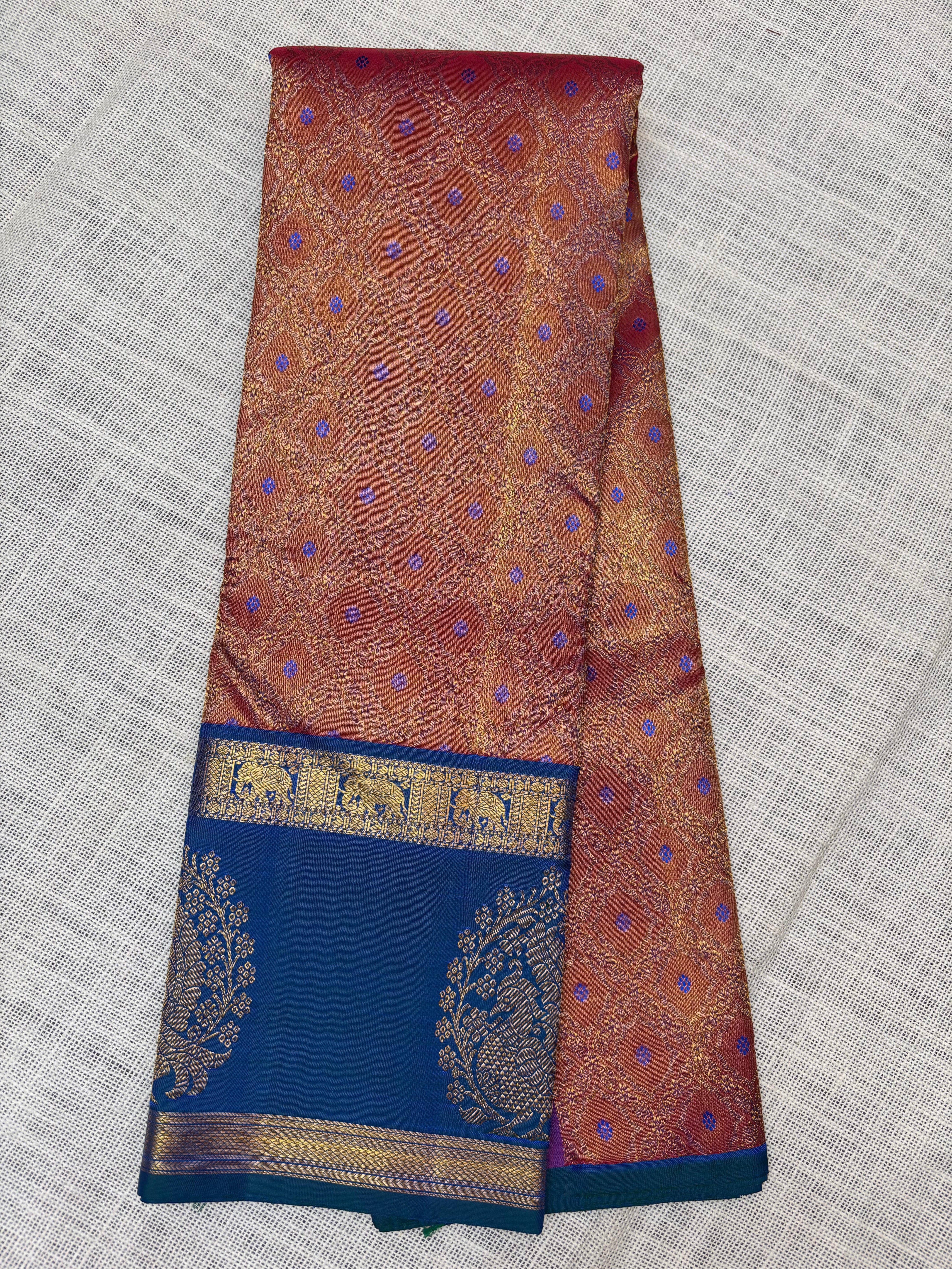 Dark Peach with Blue Pure Kanjivaram Silk Unstitched Kids’ Lehenga Fabric with All-Over Zari Brocade and Zari Border