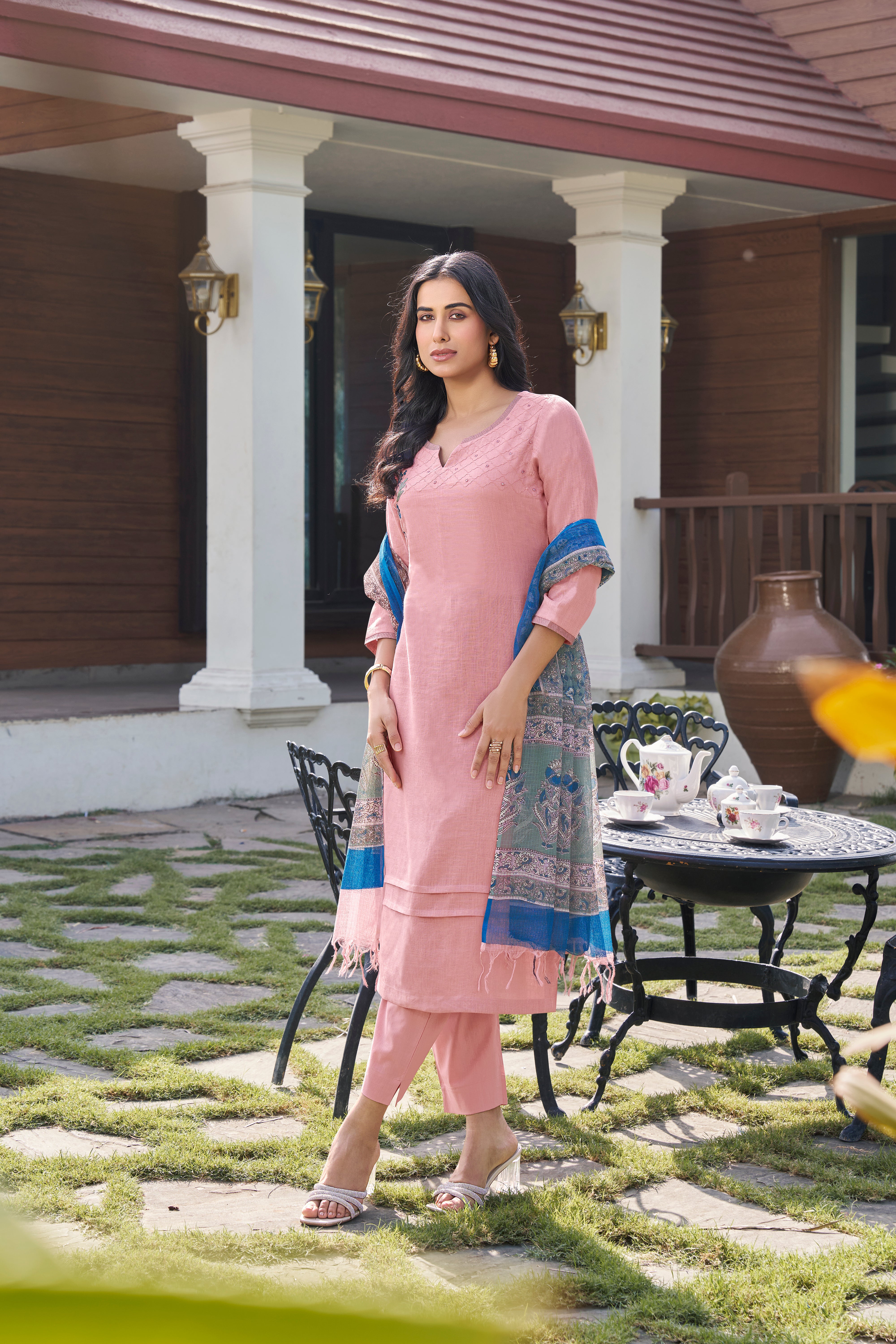 LIGHT PINK WITH BLUE - PURE LINEN COTTON 3PC SALWAR SUIT WITH TOP, BOTTOM & DUPATTA