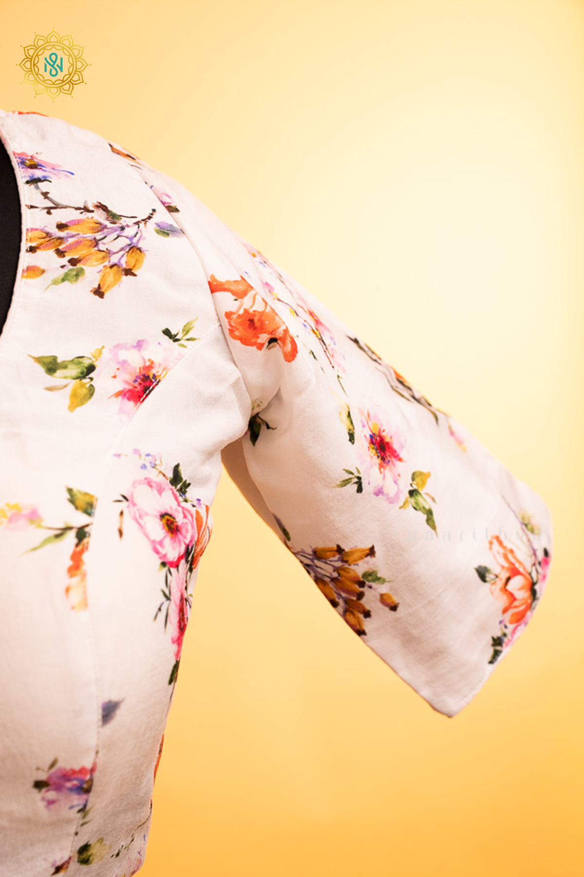 Off White Dola Silk Readymade Blouse With Floral Prints