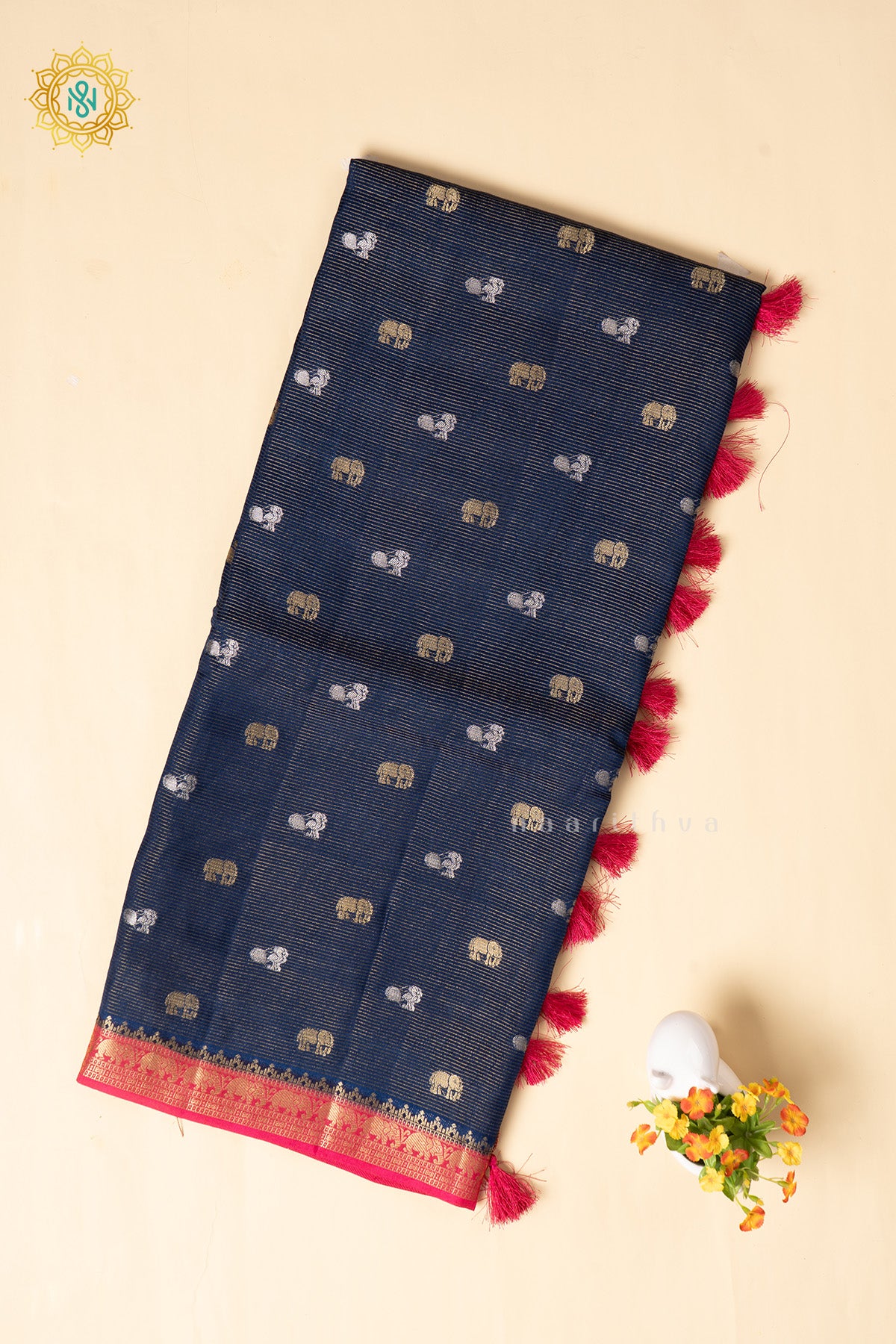 Blue With Pink Semi Crepe Silk Saree With Zari Buttas On The Body With Contrast Zari Border & Pallu