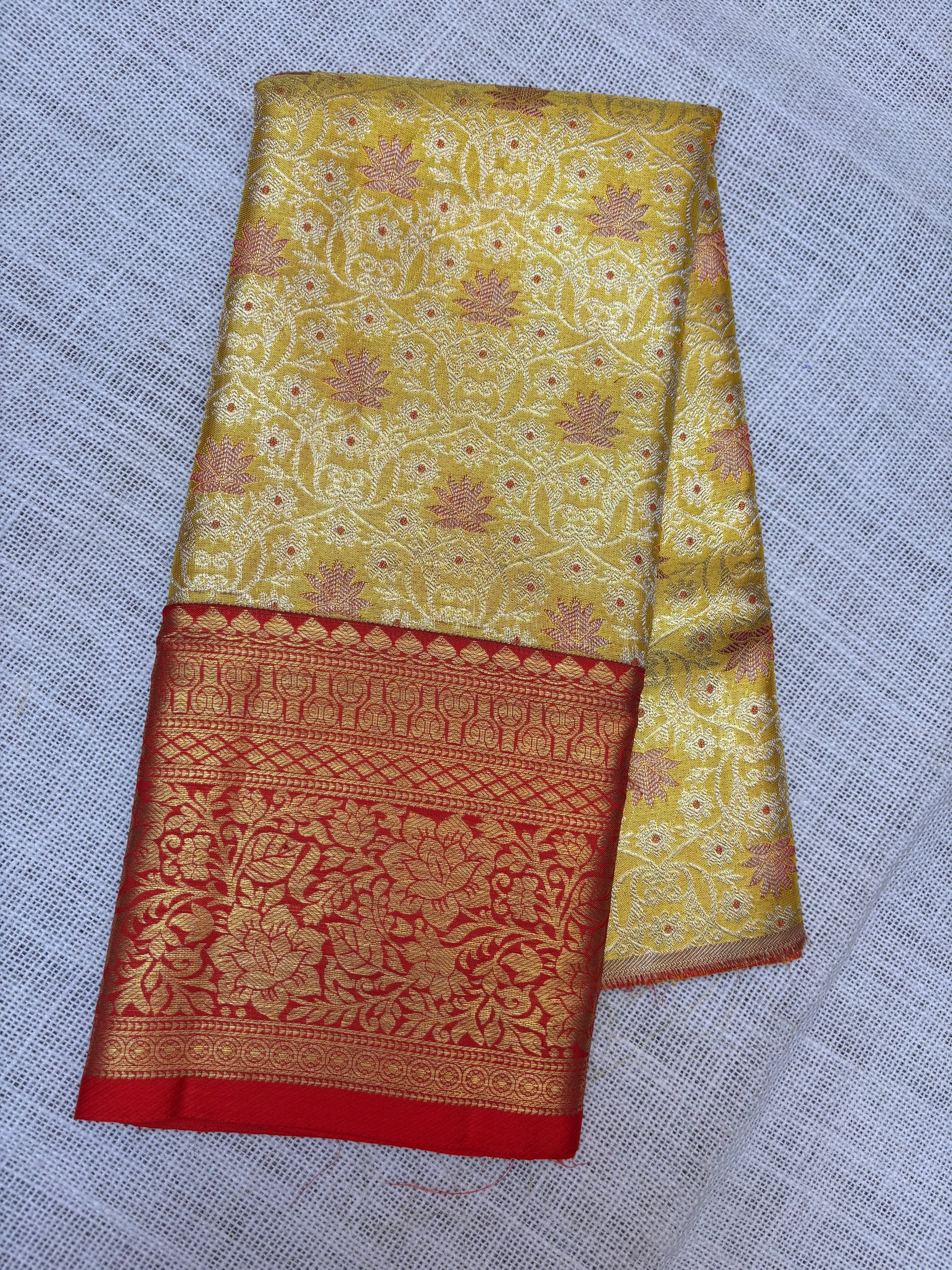 Yellow with Red Pure Kanjivaram Silk Unstitched Kids’ Lehenga Fabric with All-Over Zari Brocade and Zari Border