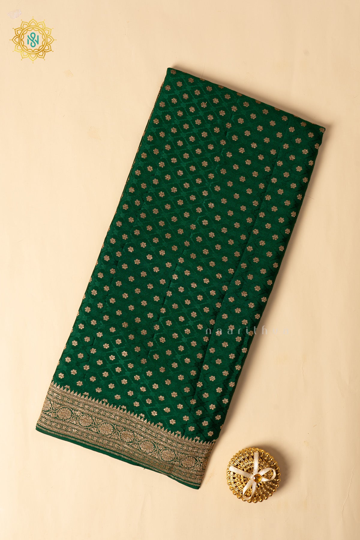 Bottle Green Pure Banarasi Crepe Silk Allover Zari Geometric Weaves and Woven Border