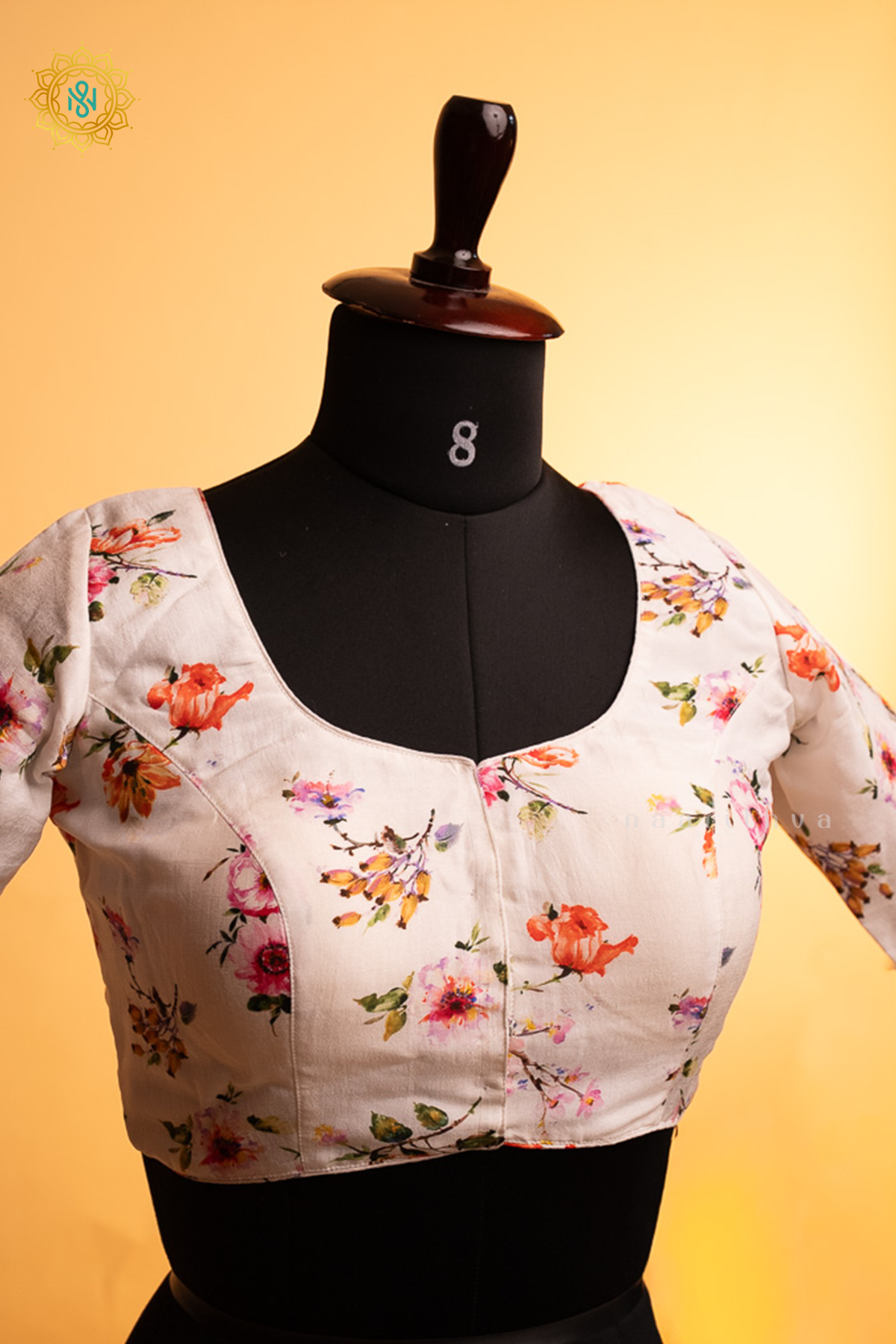 Off White Dola Silk Readymade Blouse With Floral Prints