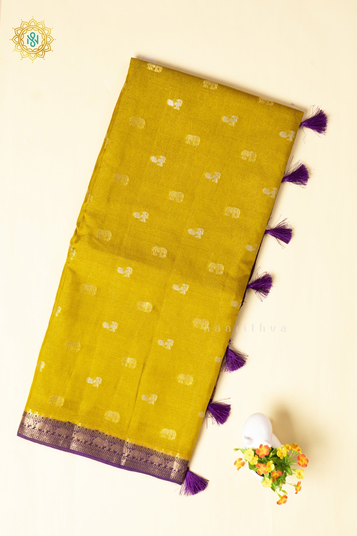 Lemon Yellow With Purple Semi Crepe Silk Saree With Zari Buttas On The Body With Contrast Zari Border & Pallu