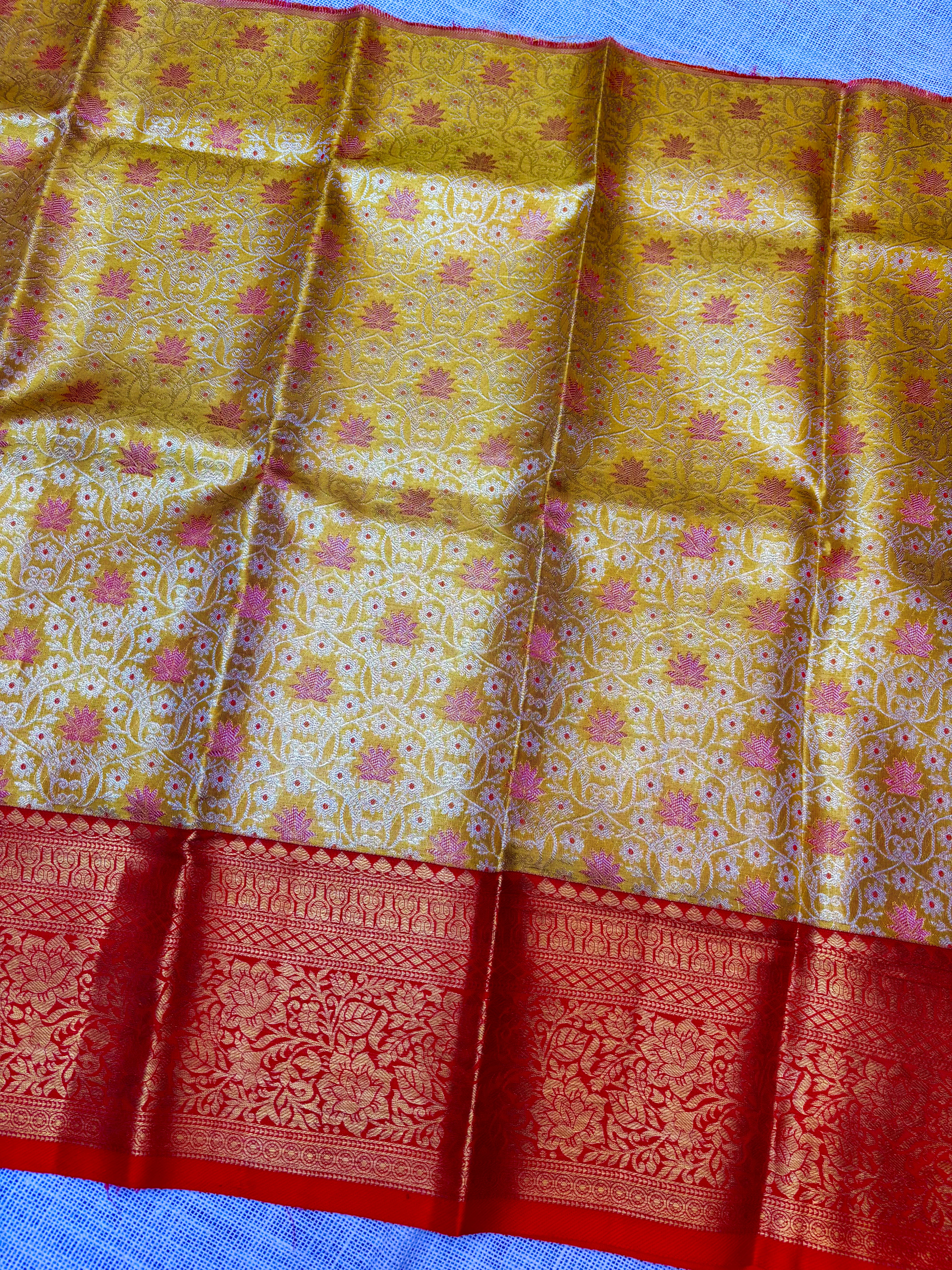 Yellow with Red Pure Kanjivaram Silk Unstitched Kids’ Lehenga Fabric with All-Over Zari Brocade and Zari Border