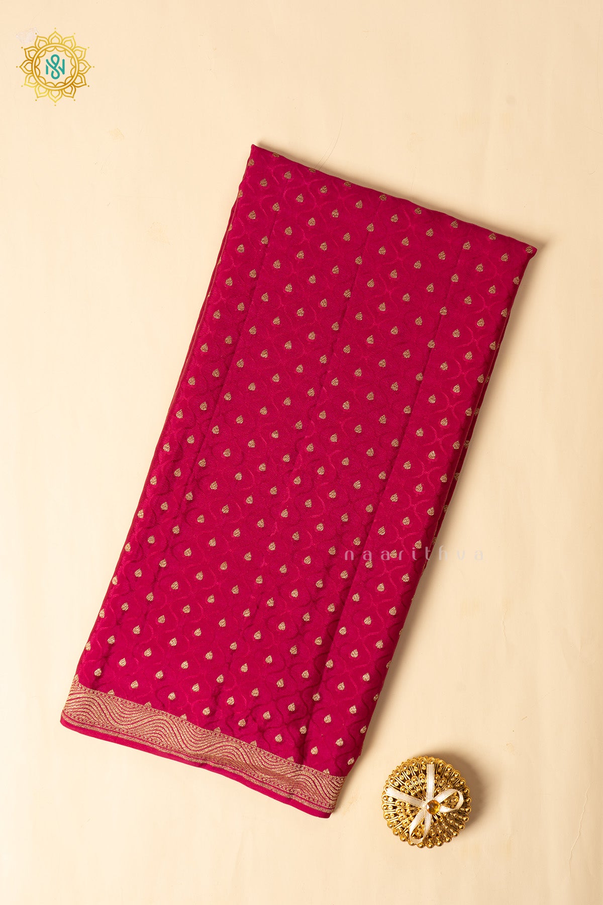 Rani Pink Pure Banarasi Crepe Silk Allover Zari Geometric Weaves and Woven Border