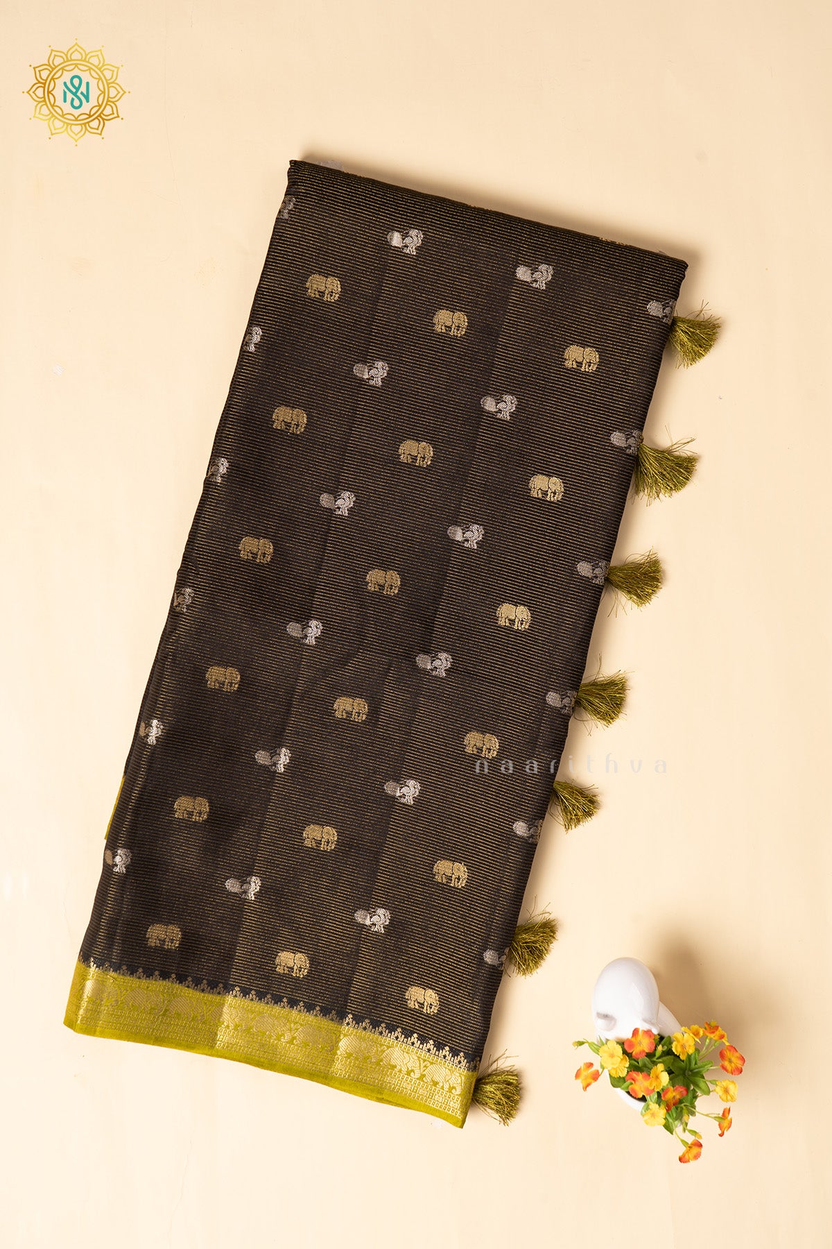 Black With Lime Green Semi Crepe Silk Saree With Zari Buttas On The Body With Contrast Zari Border & Pallu