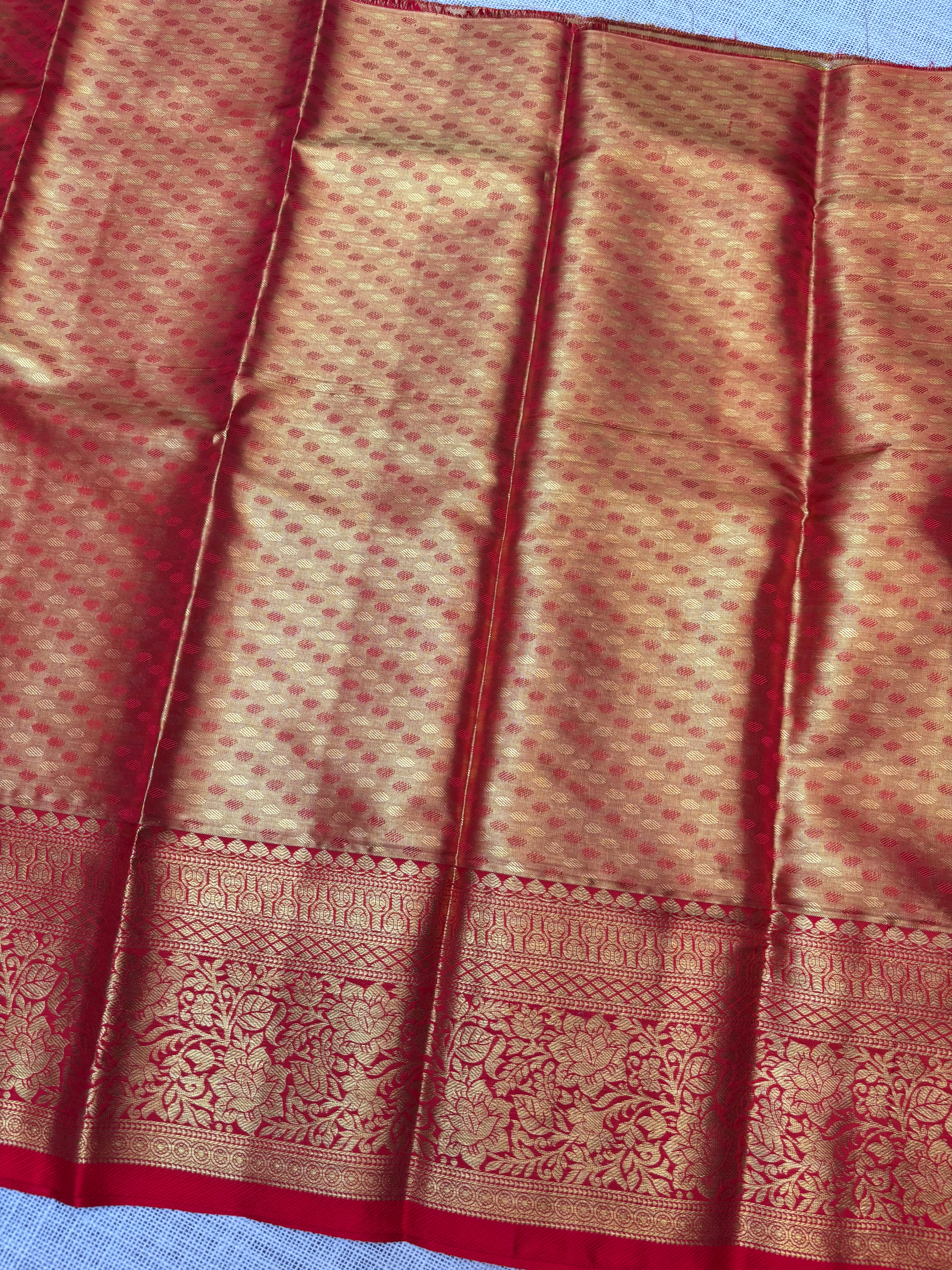 Yellow with Red Pure Kanjivaram Silk Unstitched Kids’ Lehenga Fabric with All-Over Zari Brocade and Zari Border