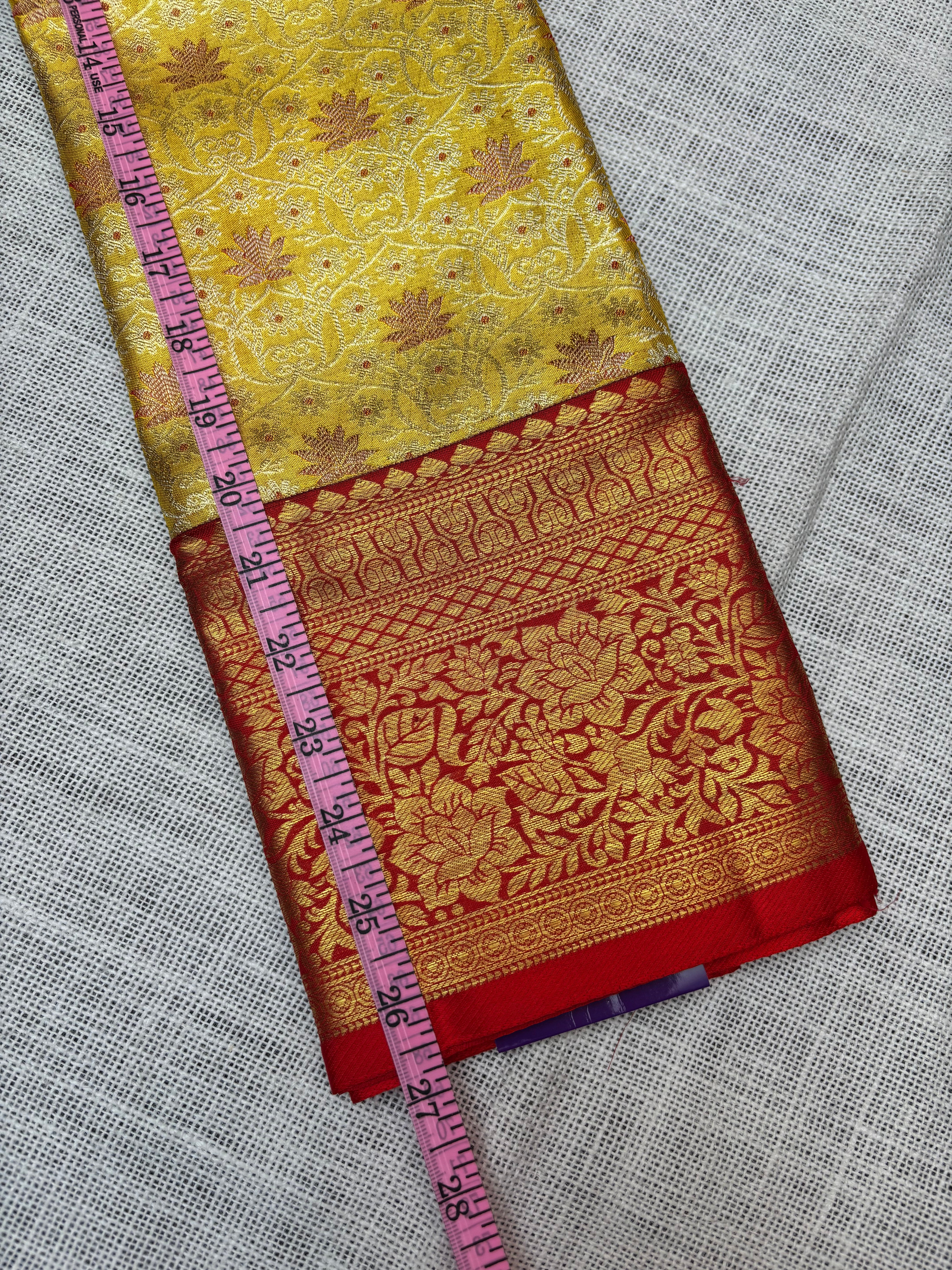 Yellow with Red Pure Kanjivaram Silk Unstitched Kids’ Lehenga Fabric with All-Over Zari Brocade and Zari Border
