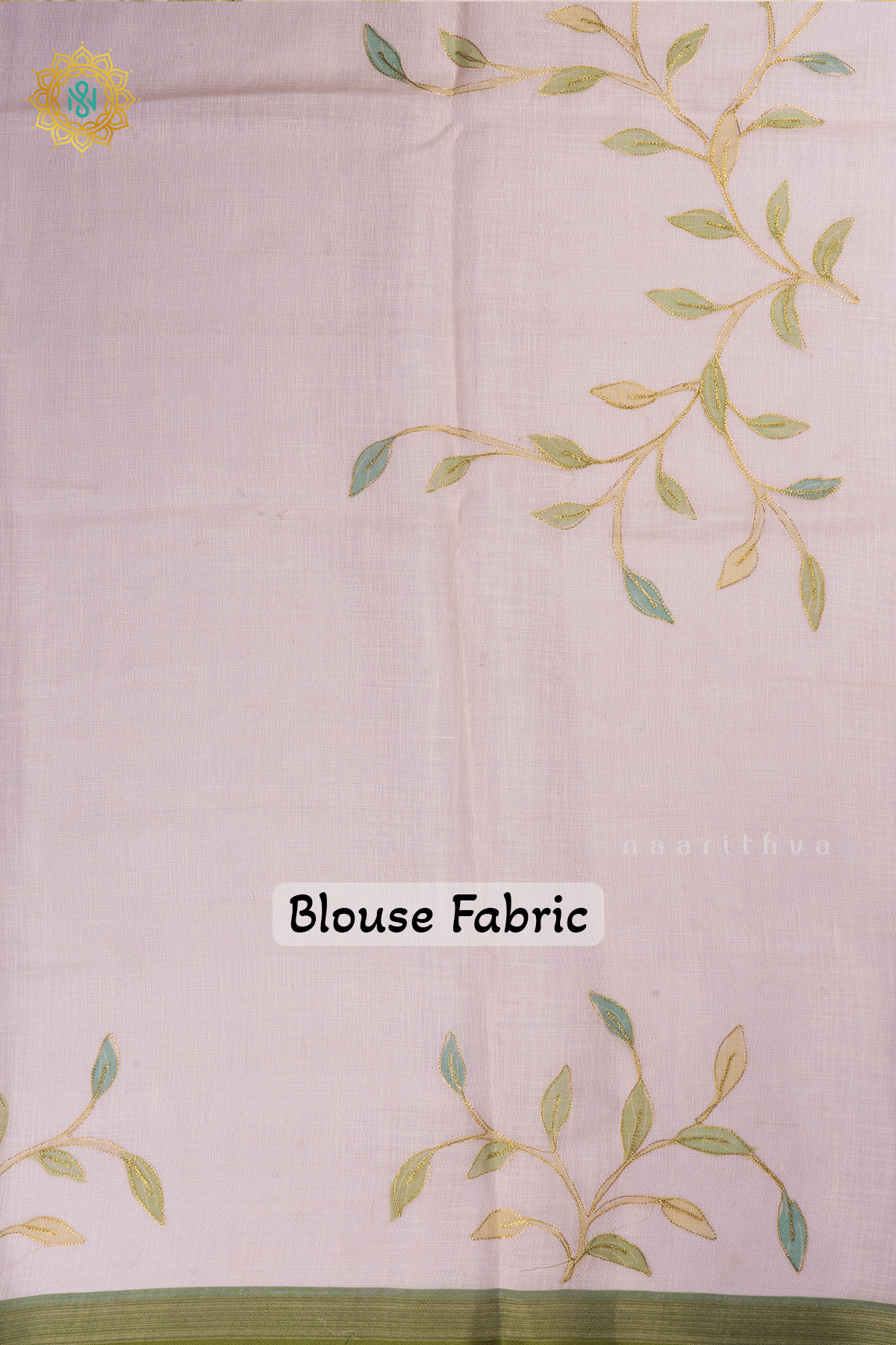 Off White With Green Linen Tissue Saree with Aari Floral Work and Tissue Border