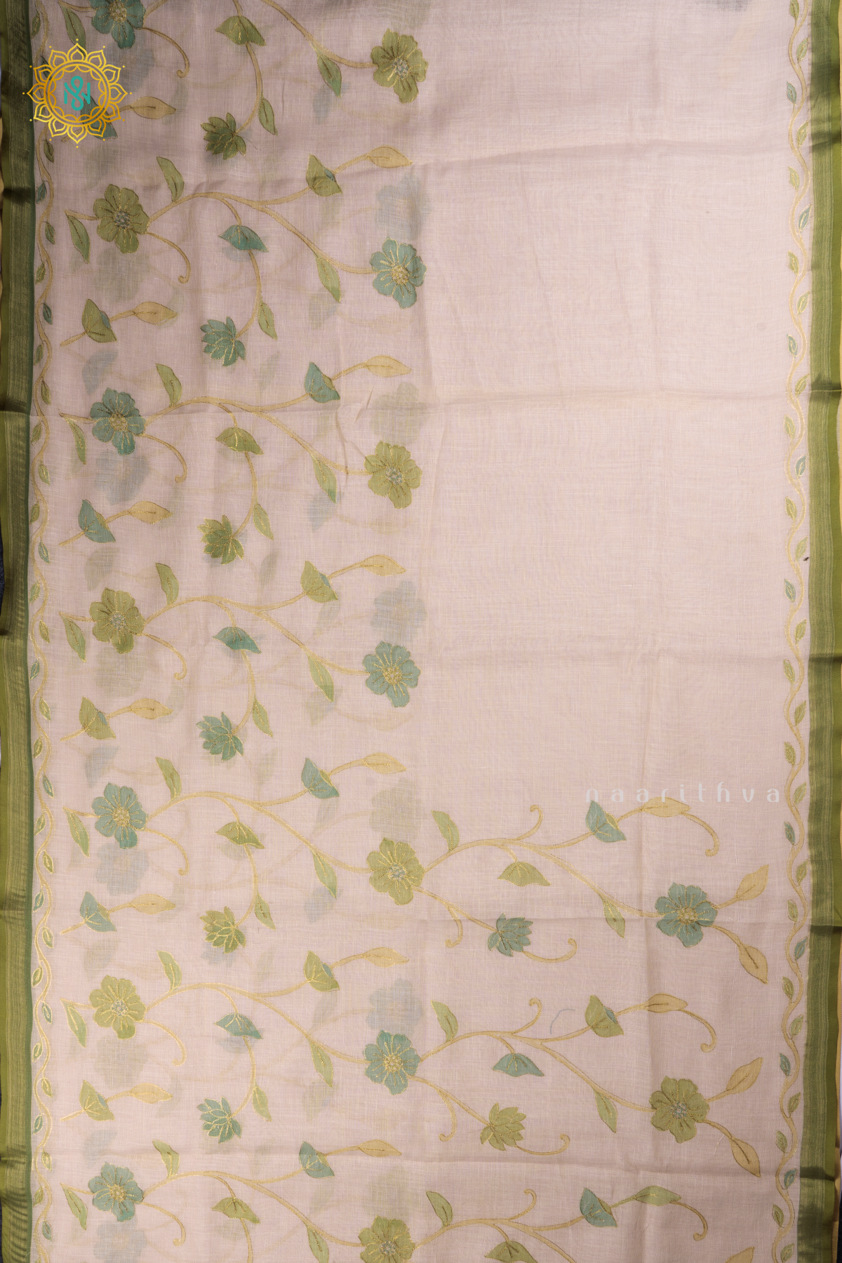 Off White With Green Linen Tissue Saree with Aari Floral Work and Tissue Border
