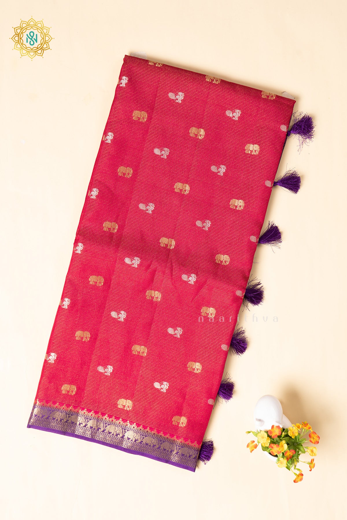 Pink With Purple Semi Crepe Silk Saree With Zari Buttas On The Body With Contrast Zari Border & Pallu