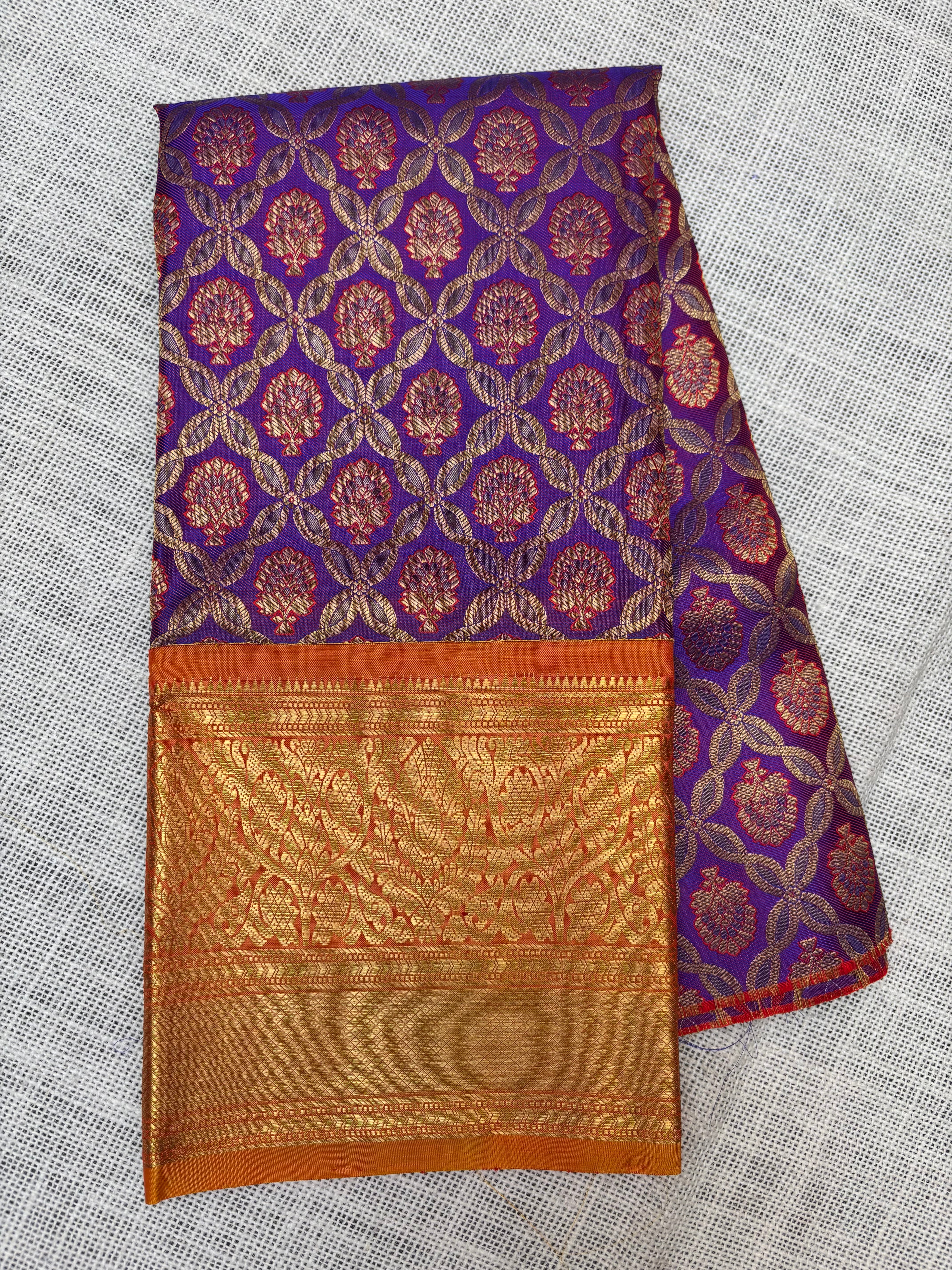 Purple with Orange Pure Kanjivaram Silk Unstitched Kids’ Lehenga Fabric with All-Over Zari Brocade and Zari Border
