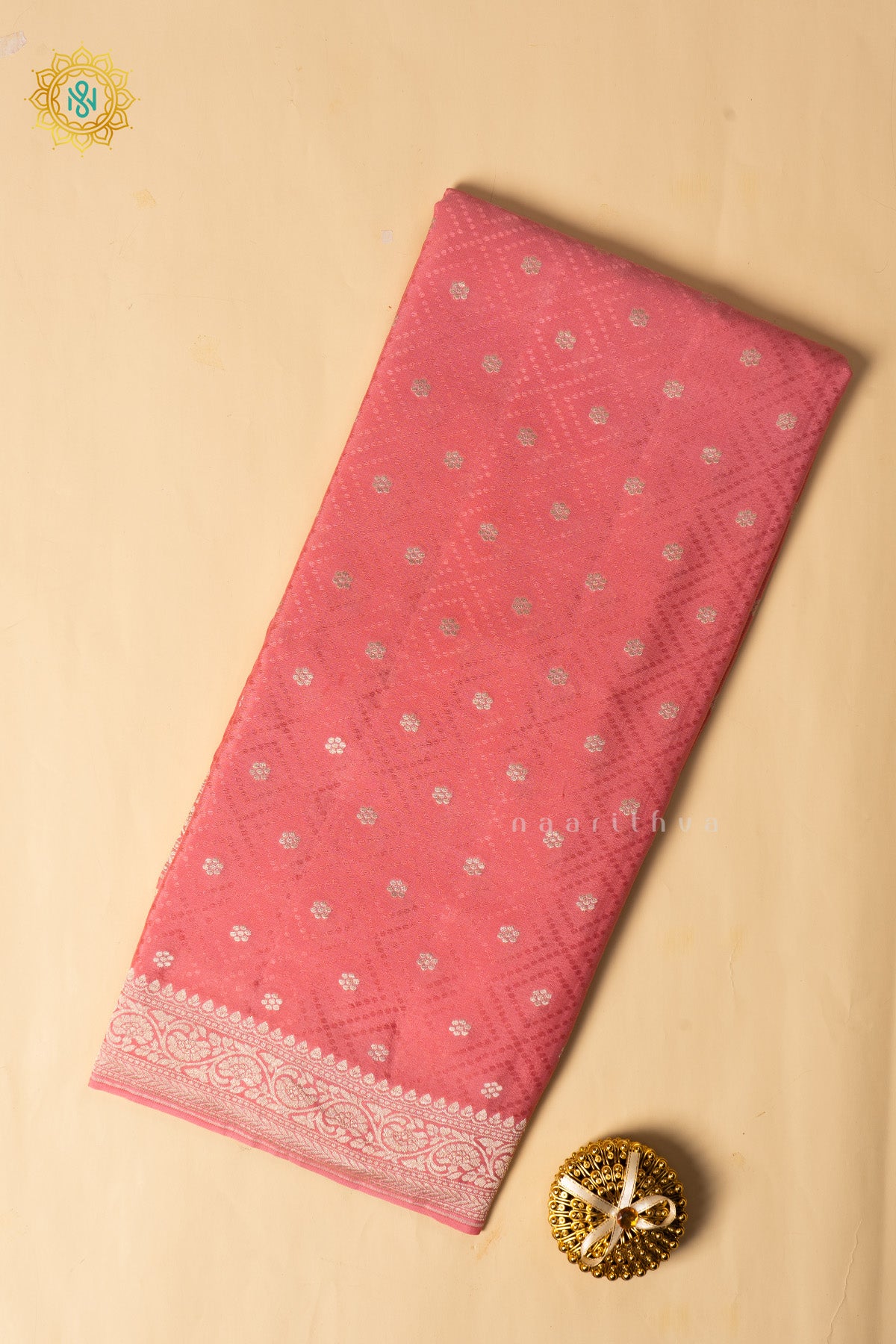 Dark Peach Pure Banarasi Crepe Silk Allover Zari Geometric Weaves and Woven Border
