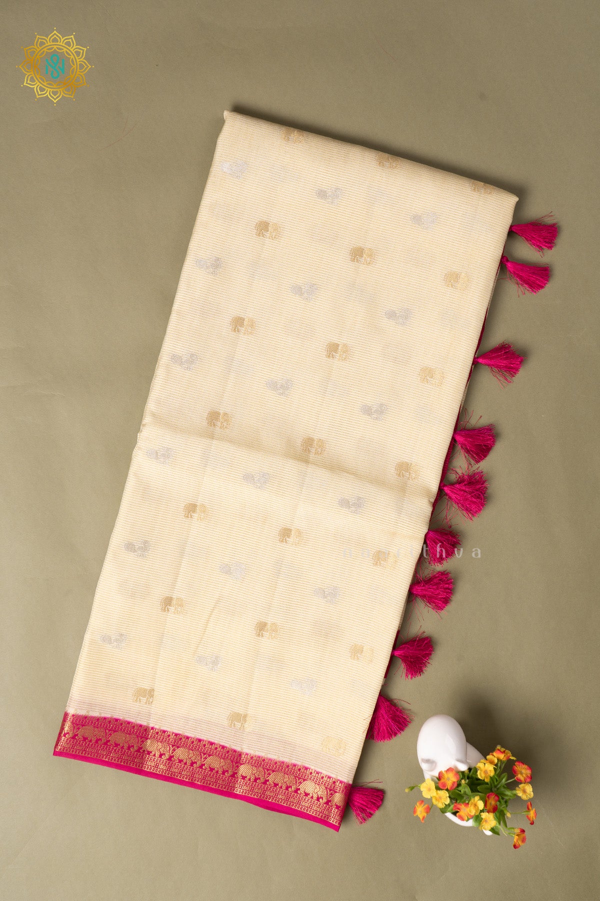 White With Pink Semi Crepe Silk Saree With Zari Buttas On The Body With Contrast Zari Border & Pallu