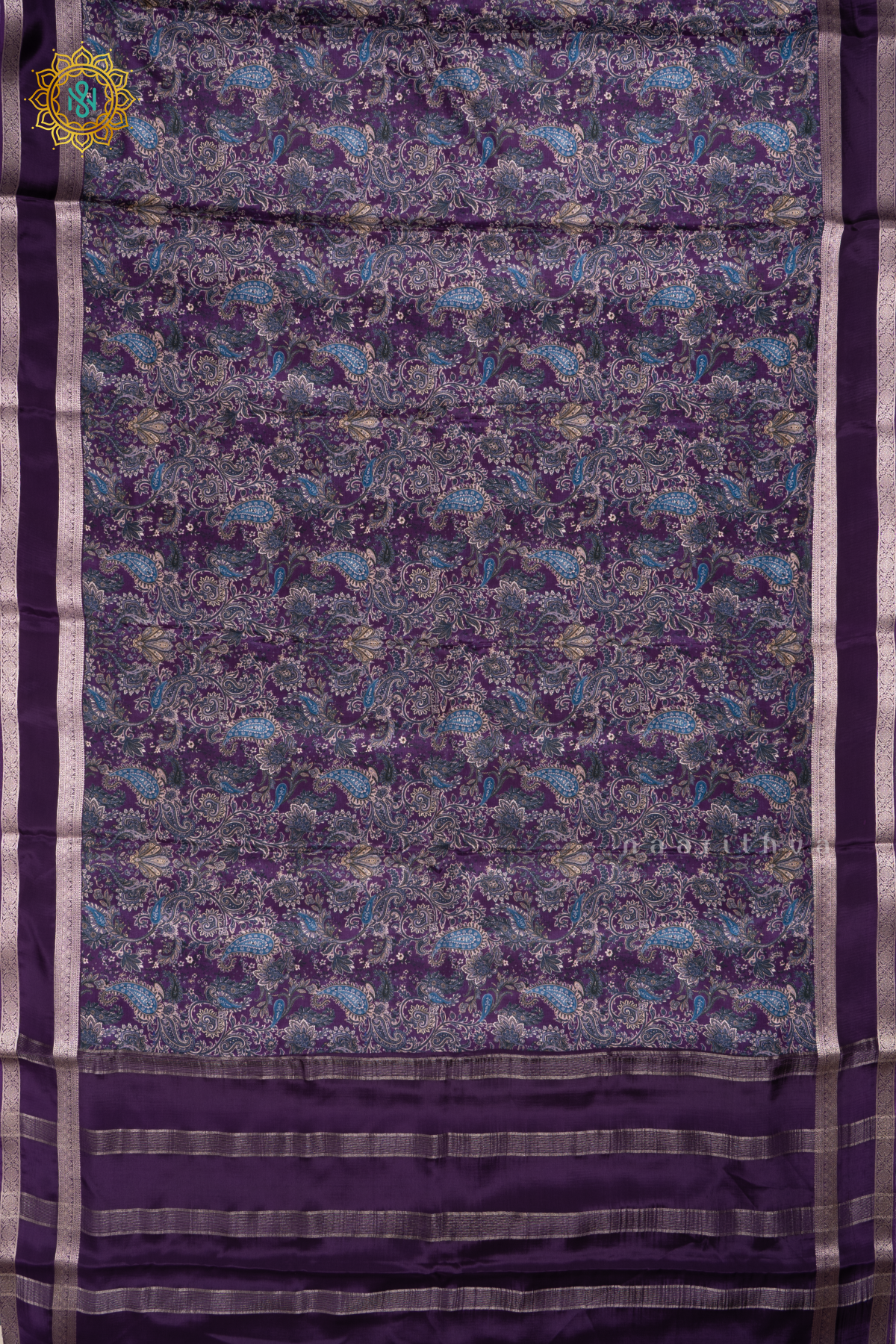 Purple Printed Semi Crepe Silk Saree with Contrast Bentex Zari Border