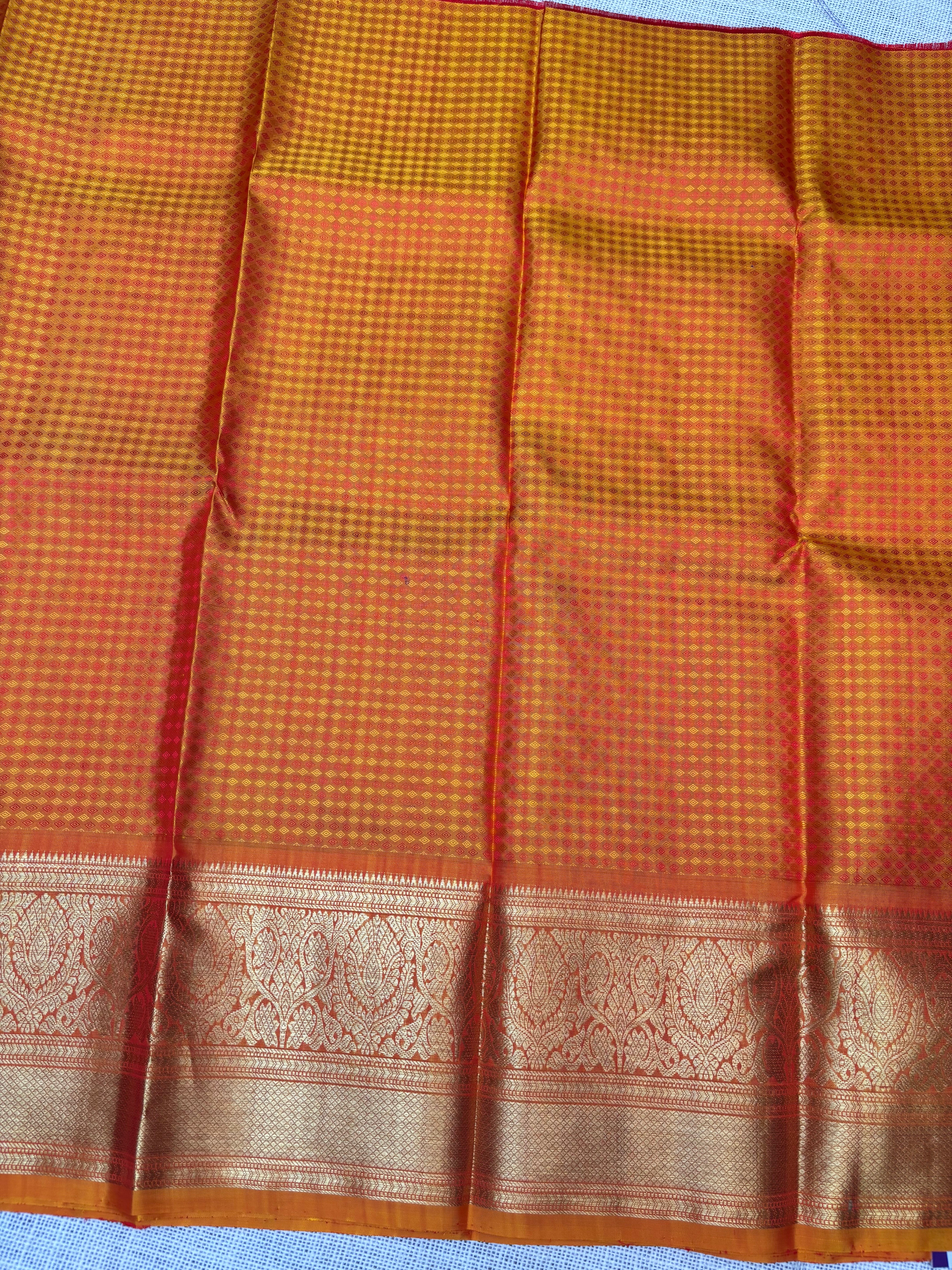 Purple with Orange Pure Kanjivaram Silk Unstitched Kids’ Lehenga Fabric with All-Over Zari Brocade and Zari Border