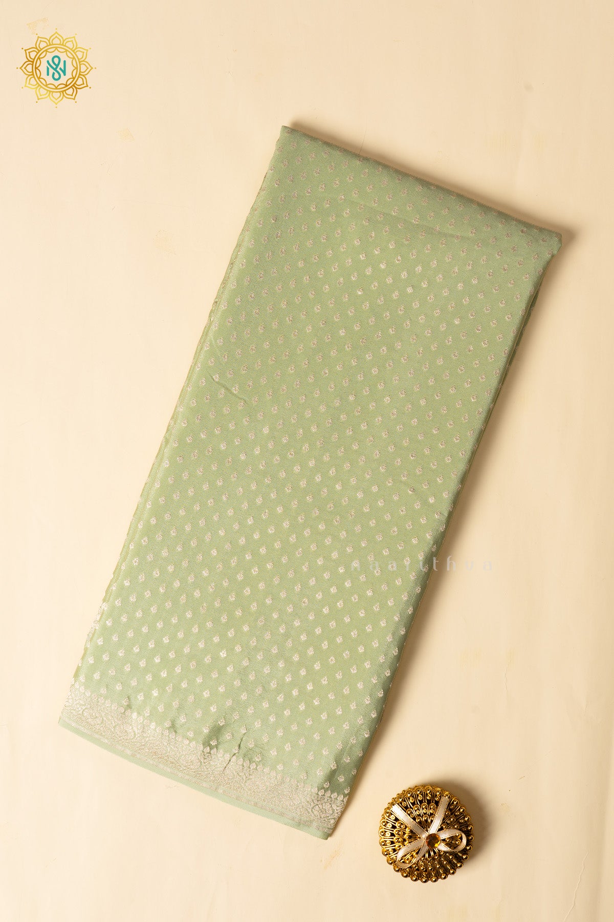 Pista Green Pure Banrasi Crepe Silk Allover Zari Buttas On The Body With Contrast Zari Border & Pallu