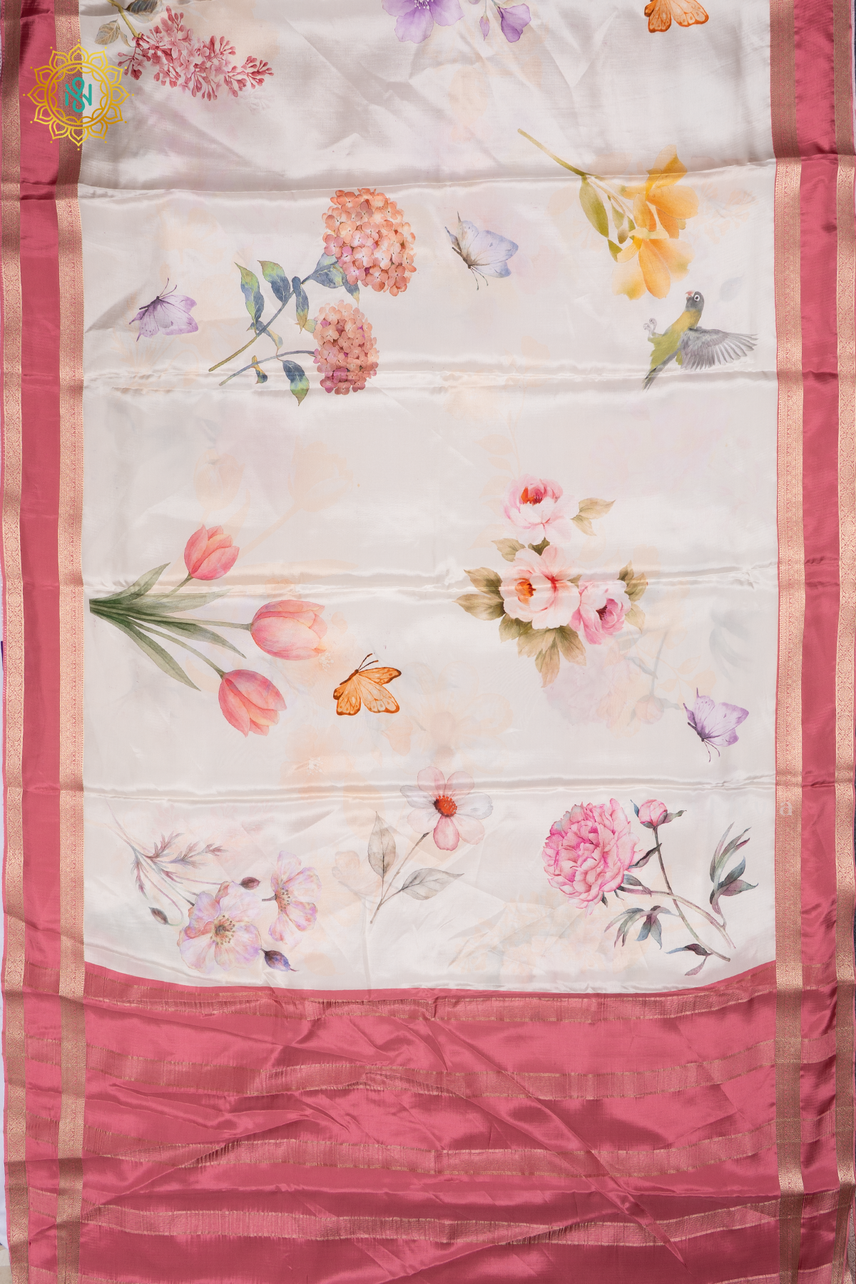 White With Peach Printed Semi Crepe Silk Saree with Contrast Bentex Zari Border
